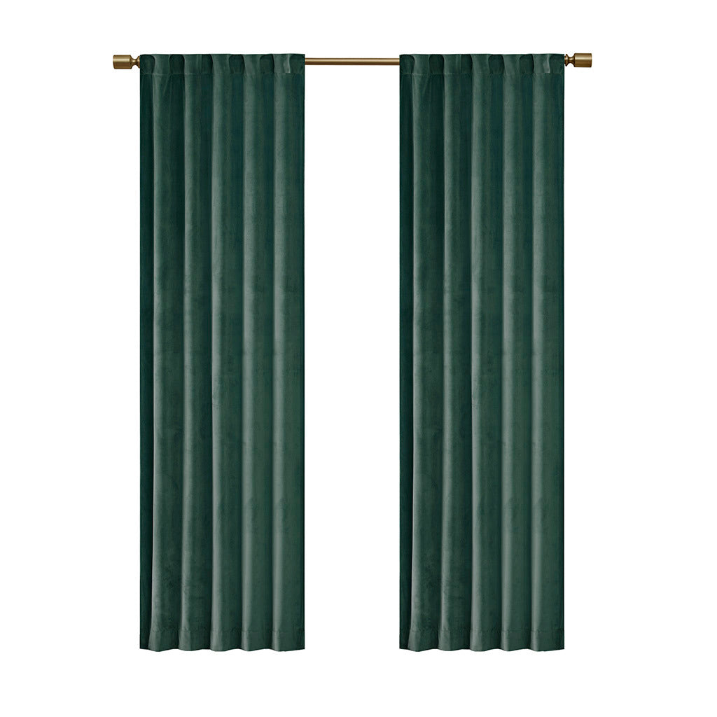 Room Darkening Poly Velvet Rod Pocket Back Tab Curtain Panel Pair 2 Pcs Window Panels Green Polyester