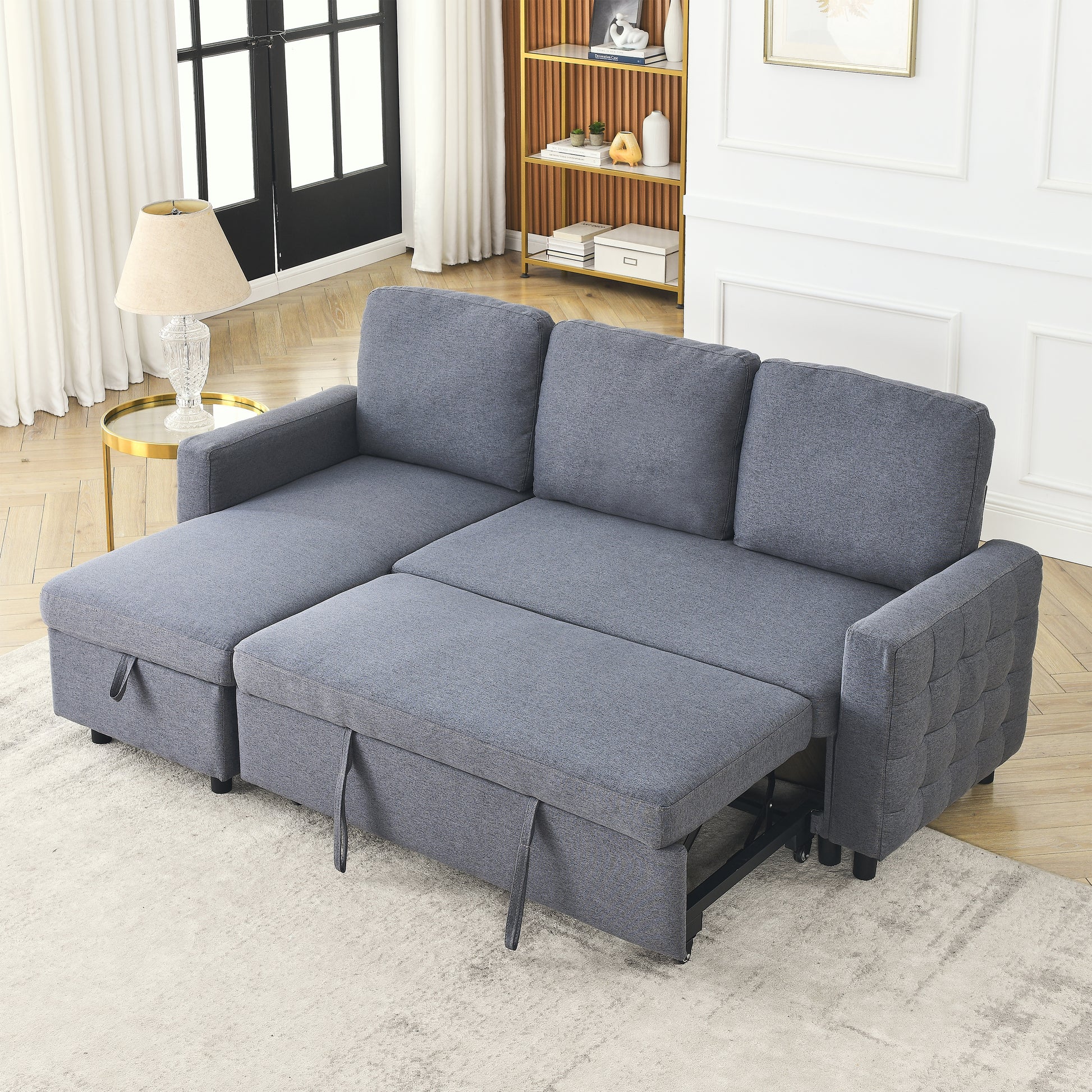 Fx 78.8" Reversible Sleeper Combo Sofa With Pullout Bed, Comfortable Linen L Shaped Combo Sofa Sofa Bed, Living Room Furniture Sets For Tight Spaces Dark Grey Linen Wood Primary Living Space Foam Fabric 3 Seat