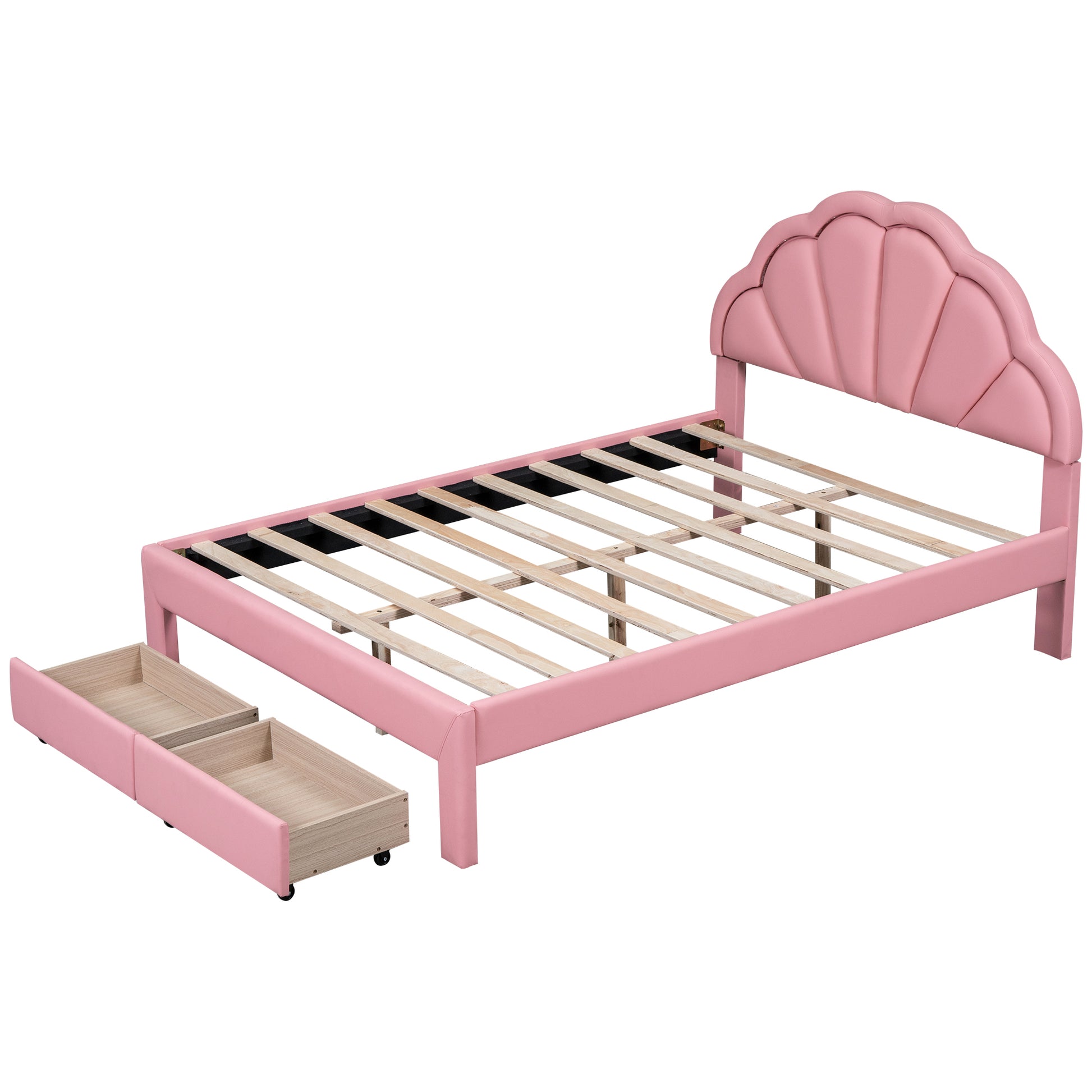 Full Size Upholstered Platform Bed With Seashell Shaped Headboard, Led And 2 Drawers, Pink Box Spring Not Required Full Pink Wood Bedroom Bed Frame Faux Leather Upholstered