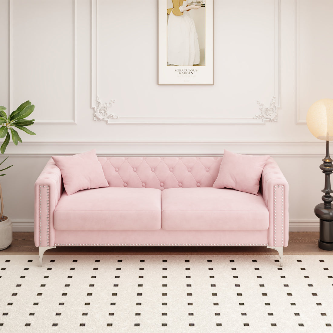 Sofa Includes 2 Pillows, 83 "Pink Velvet Triple Sofa, Suitable For Large And Small Spaces Pink Velvet