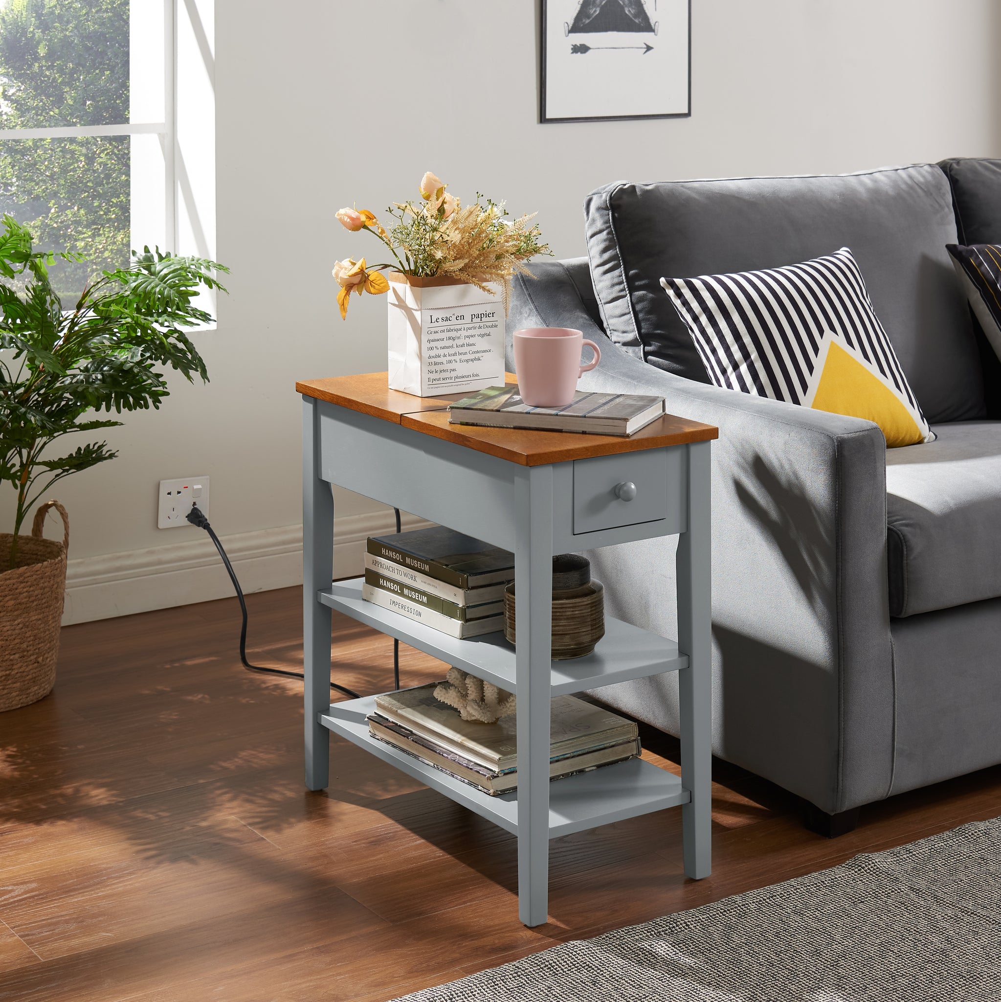 Narrow 2 tone End Table with USB Charging Ports for gray-mdf