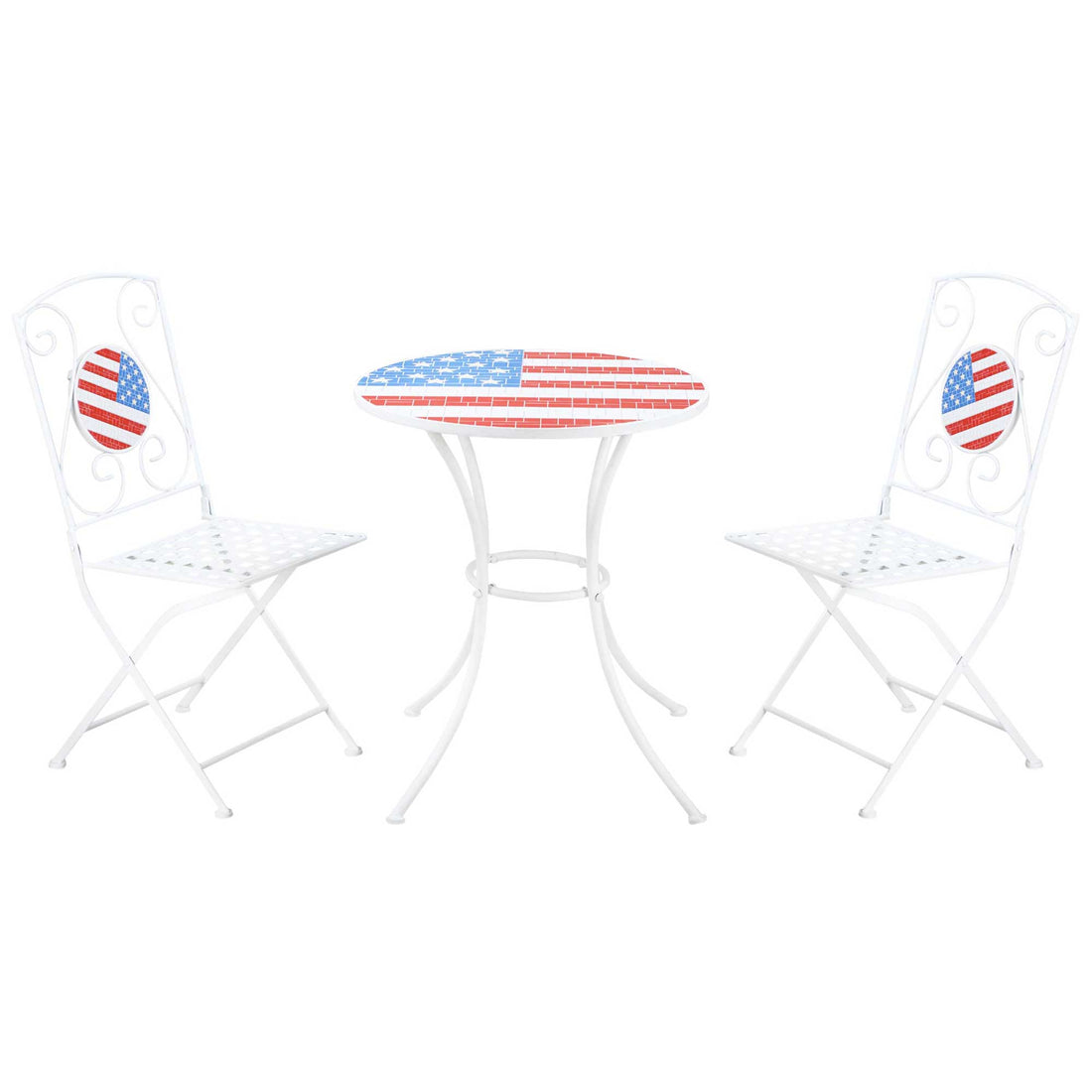 3 Piece Patio Bistro Set, Folding Outdoor Furniture With Usa Mosaic Table And Chairs, Portable Metal Frames For 4Th Of July, Balcony, Backyard, Poolside, Porch, American Flag White Metal