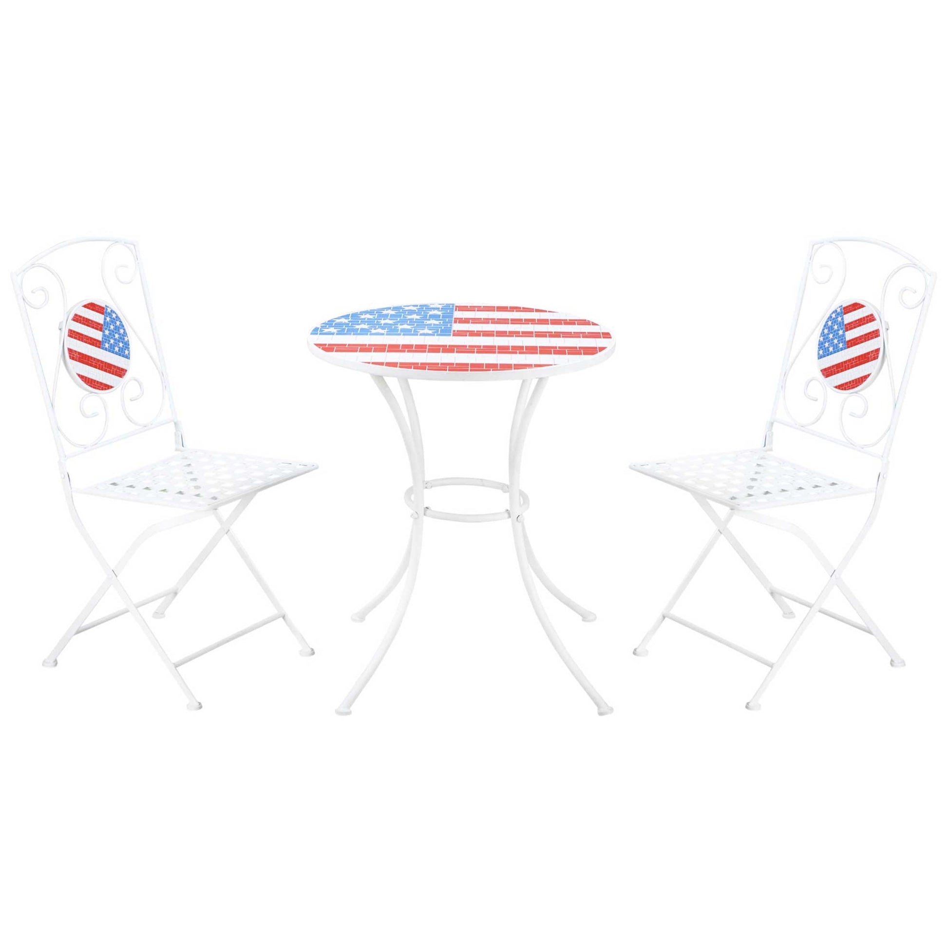 3 Piece Patio Bistro Set, Folding Outdoor Furniture With Usa Mosaic Table And Chairs, Portable Metal Frames For 4Th Of July, Balcony, Backyard, Poolside, Porch, American Flag White Metal