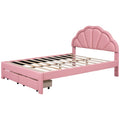 Queen Size Upholstered Platform Bed With Seashell Shaped Headboard, Led And 2 Drawers, Pink Box Spring Not Required Queen Pink Wood Bedroom Bed Frame Faux Leather Upholstered