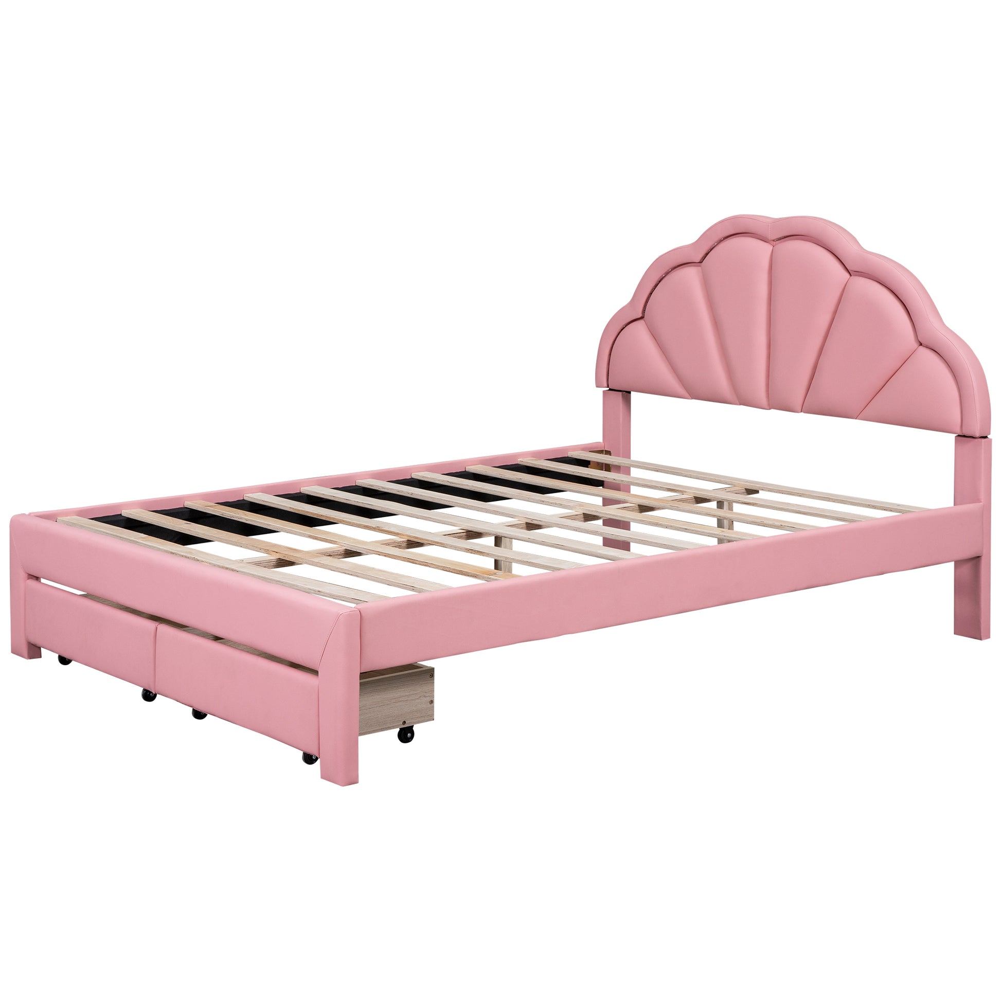 Queen Size Upholstered Platform Bed With Seashell Shaped Headboard, Led And 2 Drawers, Pink Box Spring Not Required Queen Pink Wood Bedroom Bed Frame Faux Leather Upholstered