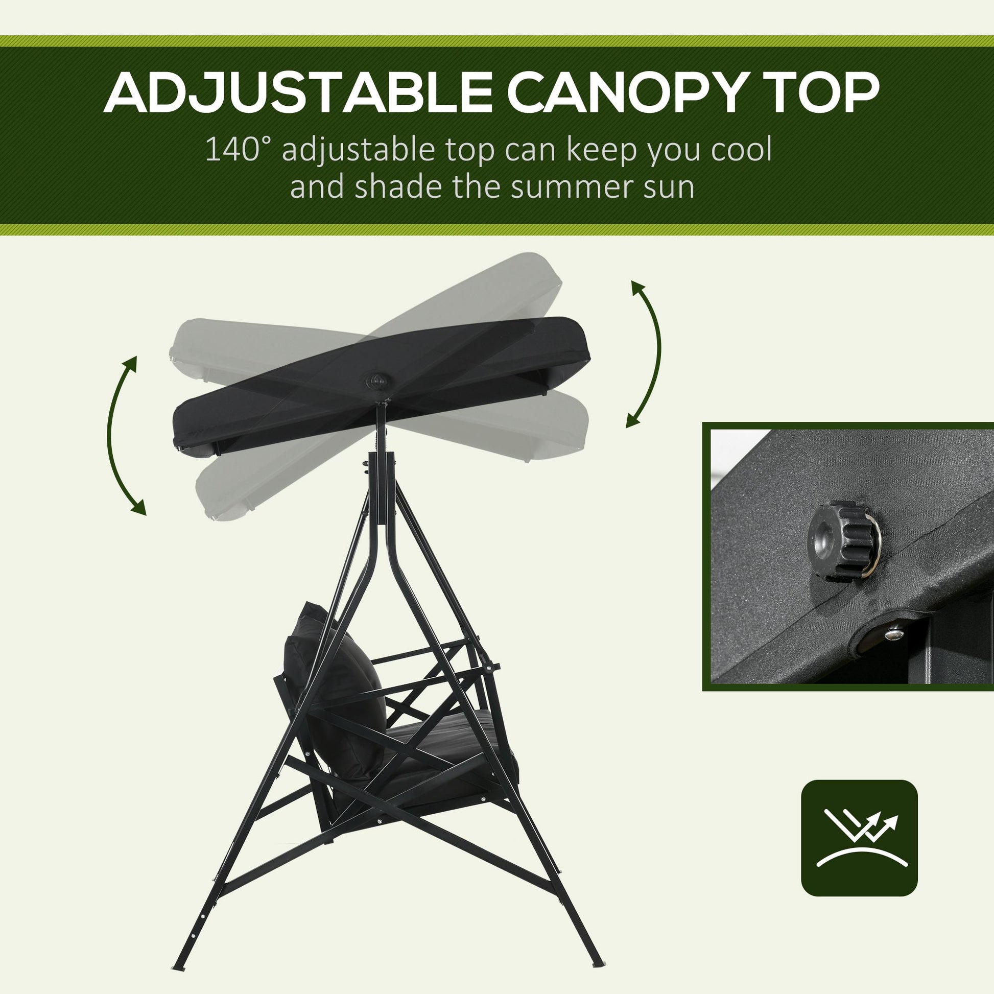 3 Seat Patio Swing Chair, Porch Swing Glider With Cushion, 3 Throw Pillows & Adjustable Canopy For Porch, Garden, Poolside, Backyard, Black Black Steel