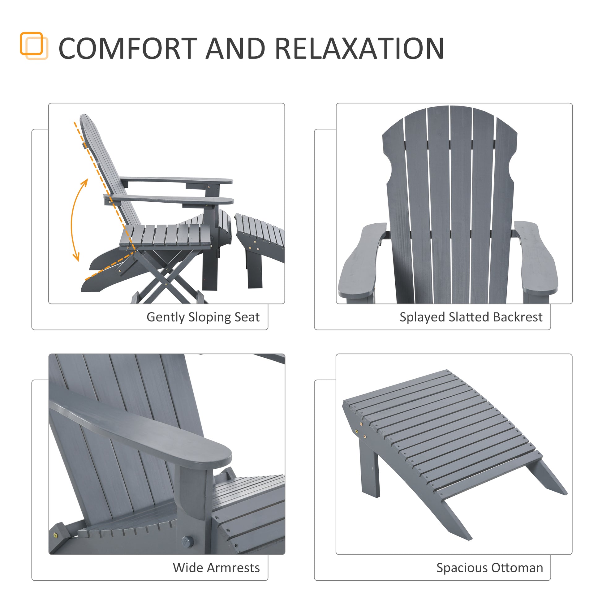 3 Piece Folding Adirondack Chair With Ottoman And Side Table, Outdoor Wooden Fire Pit Chairs W High Back, Wide Armrests For Patio, Backyard, Garden, Lawn Furniture, Gray Gray Wood