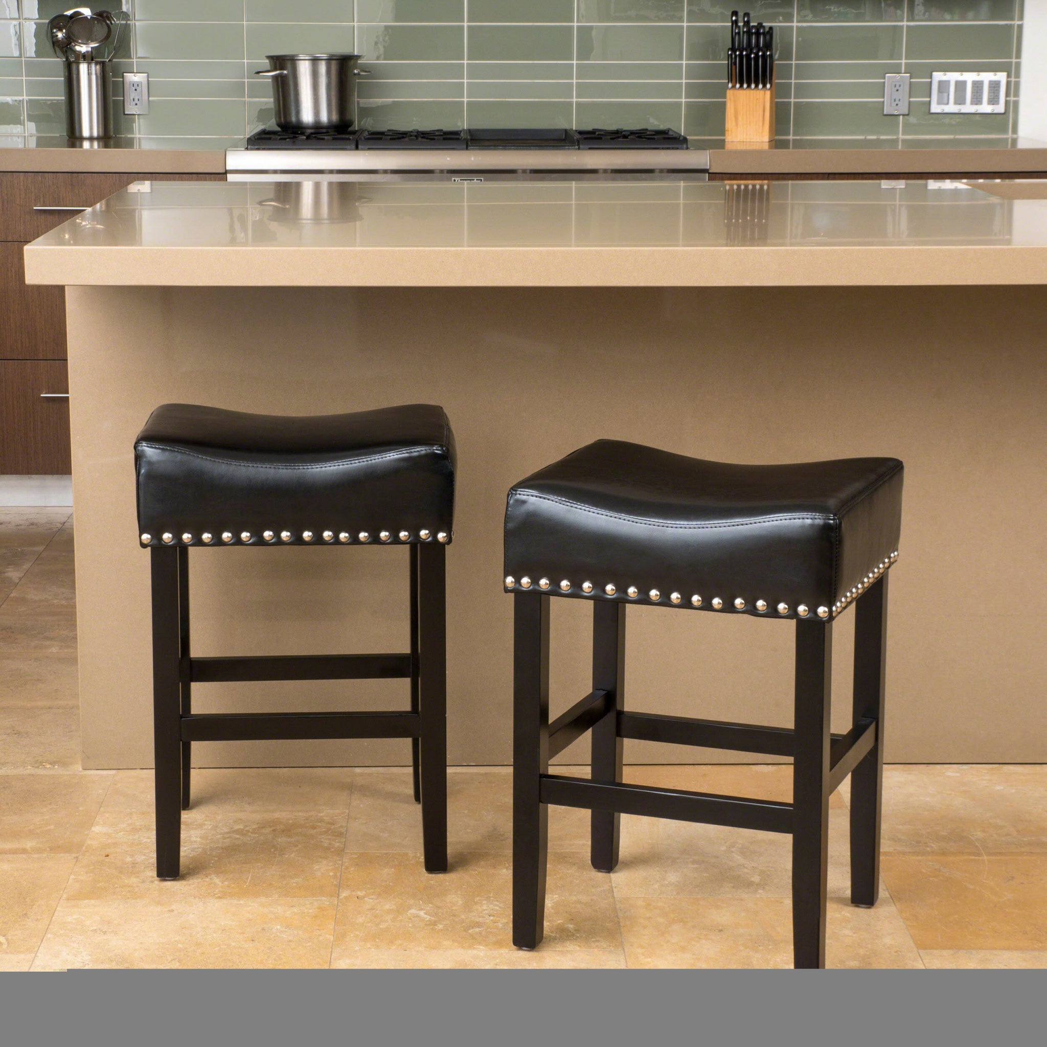 26" Backless Leather Counter Stools, 2 Pcs Set, Black Black Leather