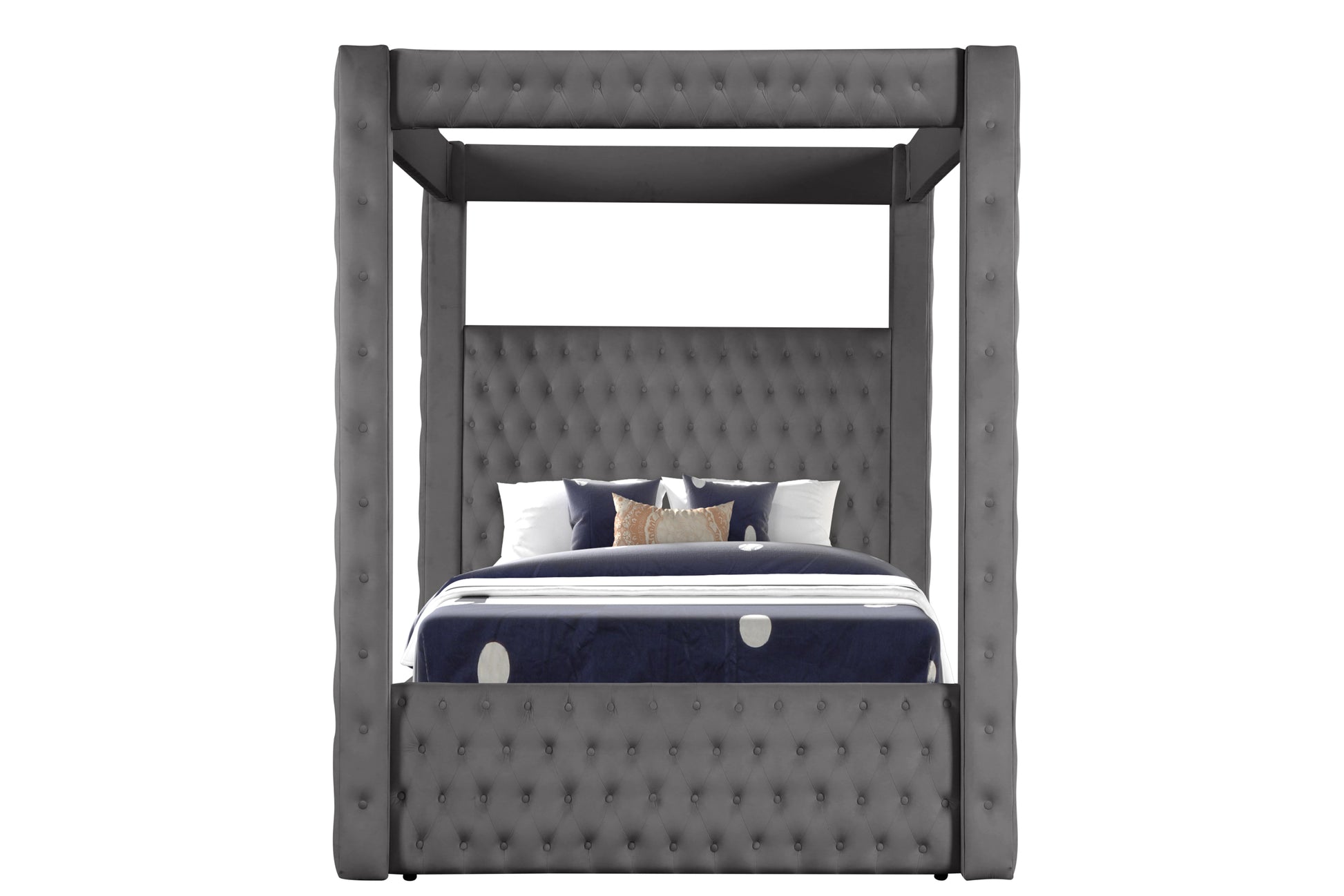 Monica Luxurious Four Poster Full 5 Pc Bed Made With Wood In Gray Box Spring Not Required Full Gray Wood 5 Piece Set Bedroom Bed Included,Chest Included,Dresser Included,Mirror Included,Nightstand Included Modern Upholstered Velvet Tufted Wood