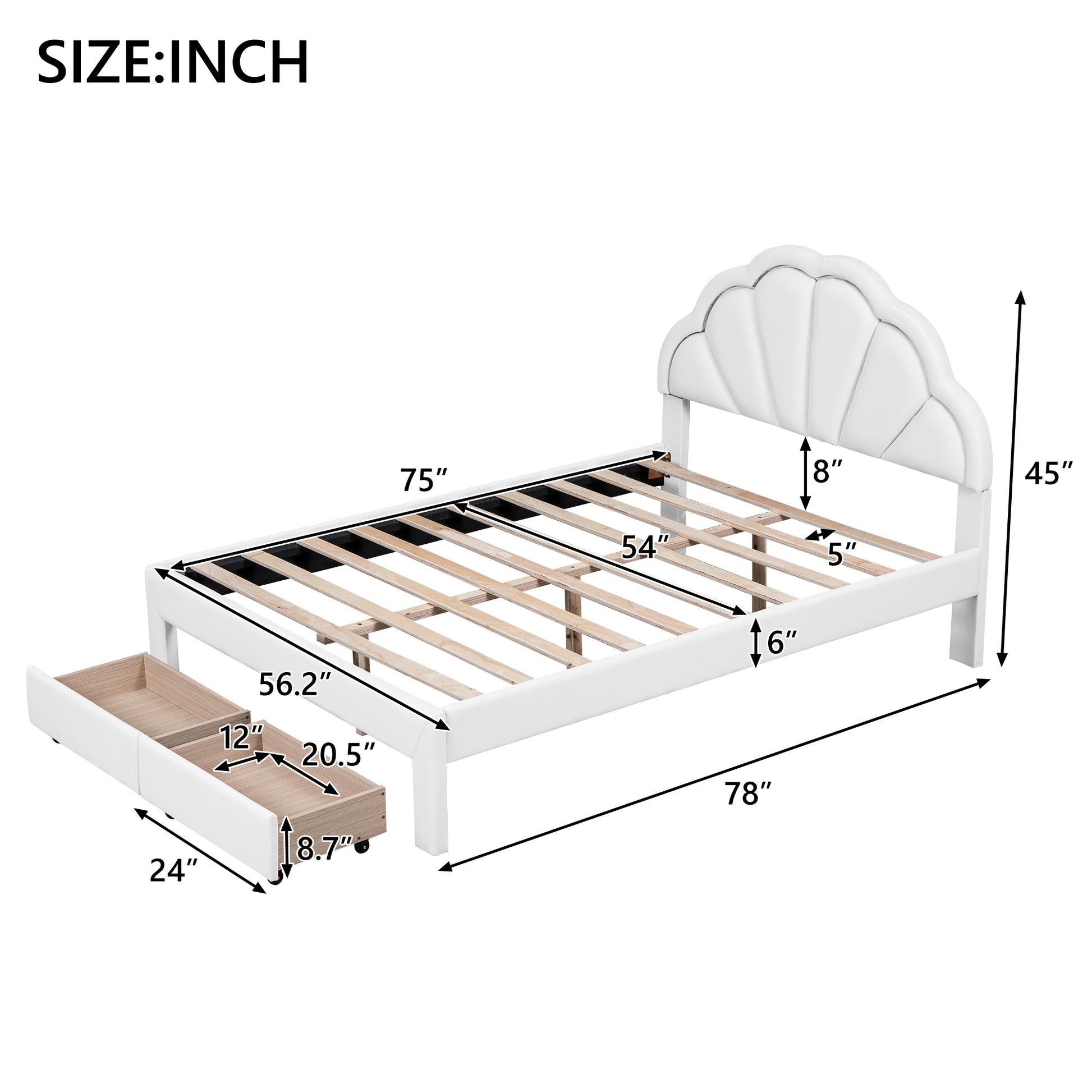 Full Size Upholstered Platform Bed With Seashell Shaped Headboard, Led And 2 Drawers, White Box Spring Not Required Full White Wood Bedroom Bed Frame Faux Leather Upholstered