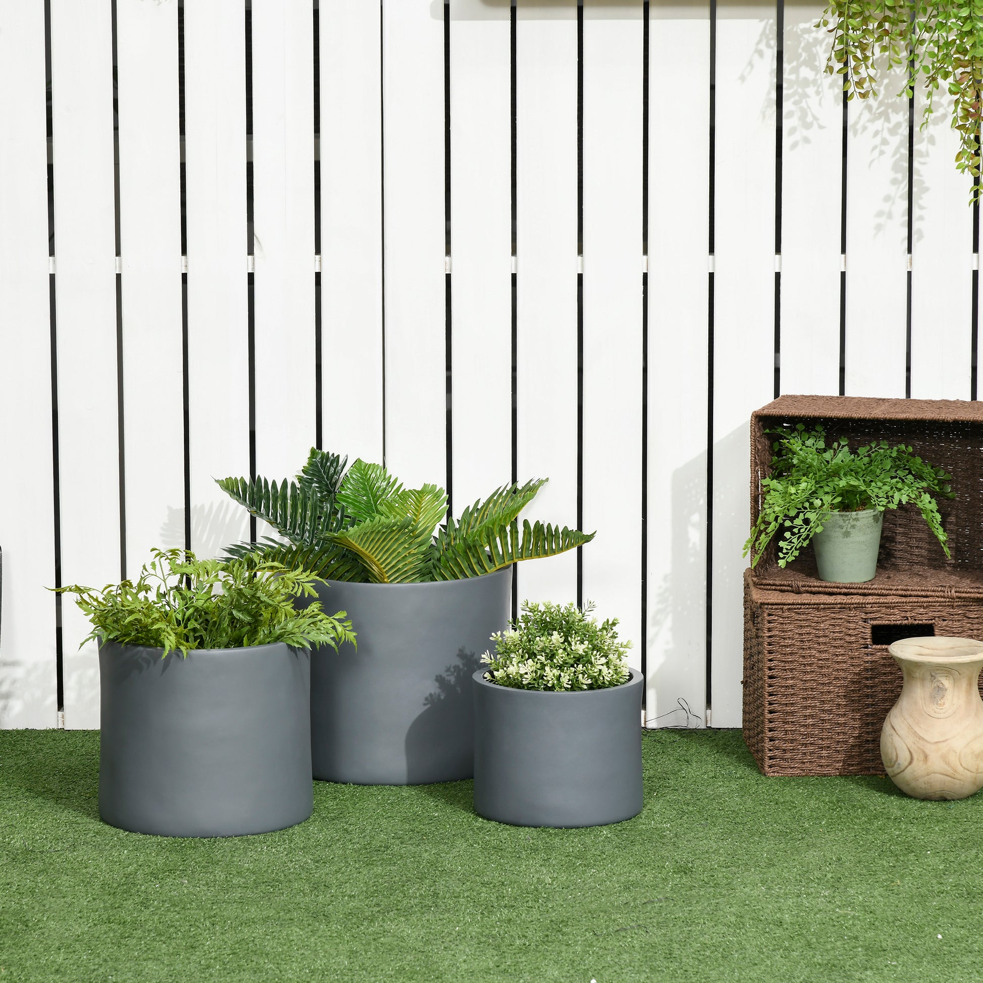 Set Of 3 Outdoor Planter Set, 13 11.5 9In, Mgo Flower Pots With Drainage Holes, Outdoor Ready & Stackable Plant Pot For Indoor, Entryway, Patio, Yard, Garden Dark Gray Magnesium Oxide