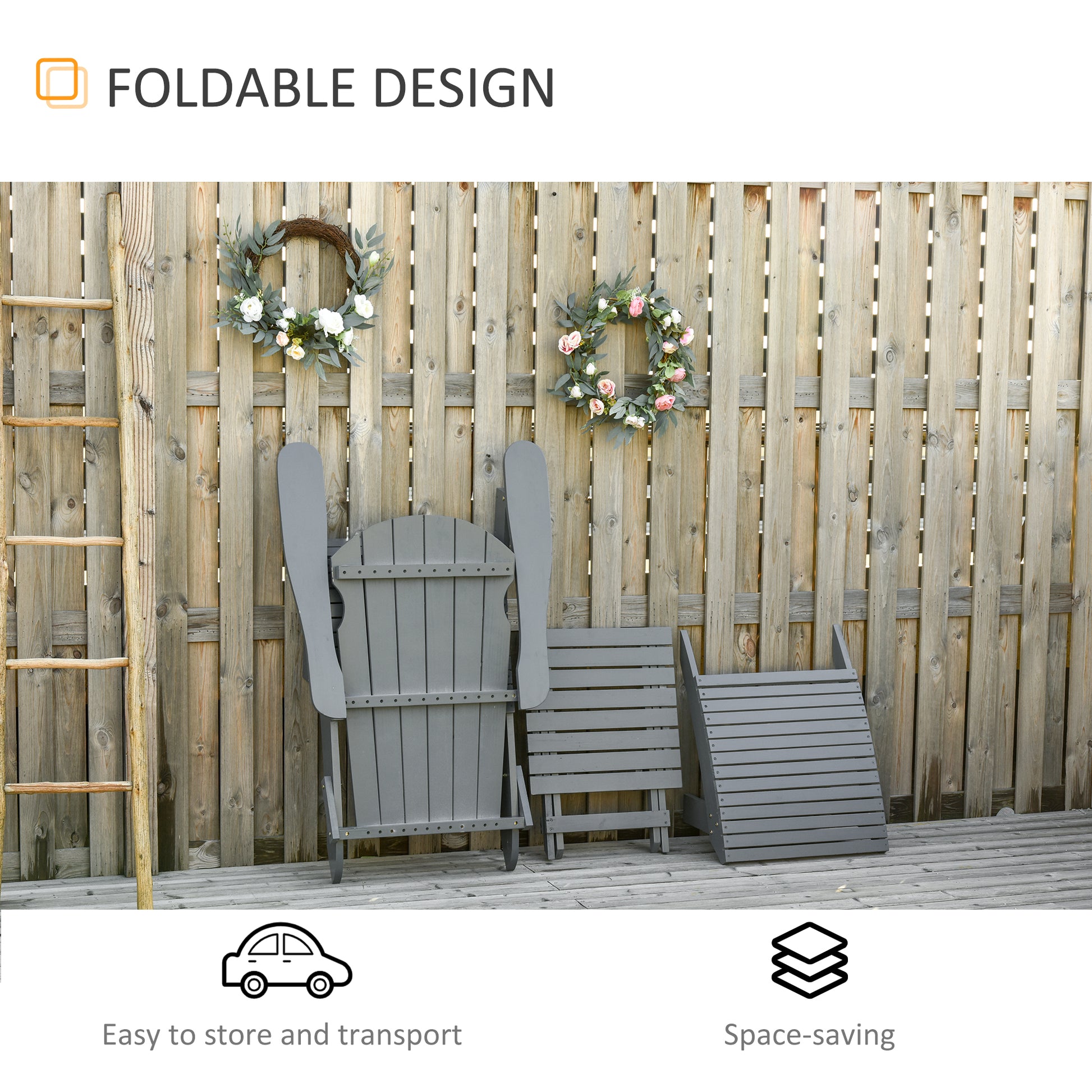 3 Piece Folding Adirondack Chair With Ottoman And Side Table, Outdoor Wooden Fire Pit Chairs W High Back, Wide Armrests For Patio, Backyard, Garden, Lawn Furniture, Gray Gray Wood