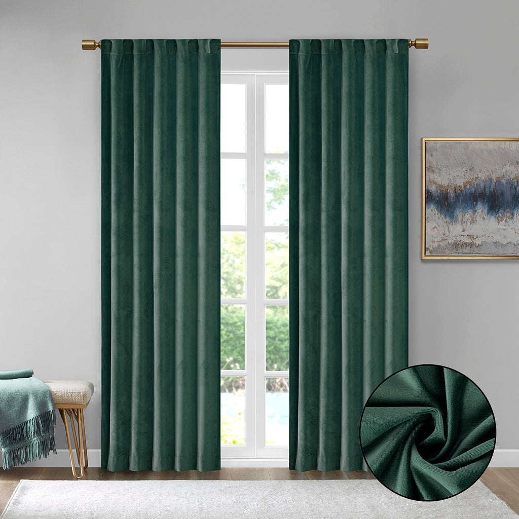 Room Darkening Poly Velvet Rod Pocket Back Tab Curtain Panel Pair 2 Pcs Window Panels Green Polyester