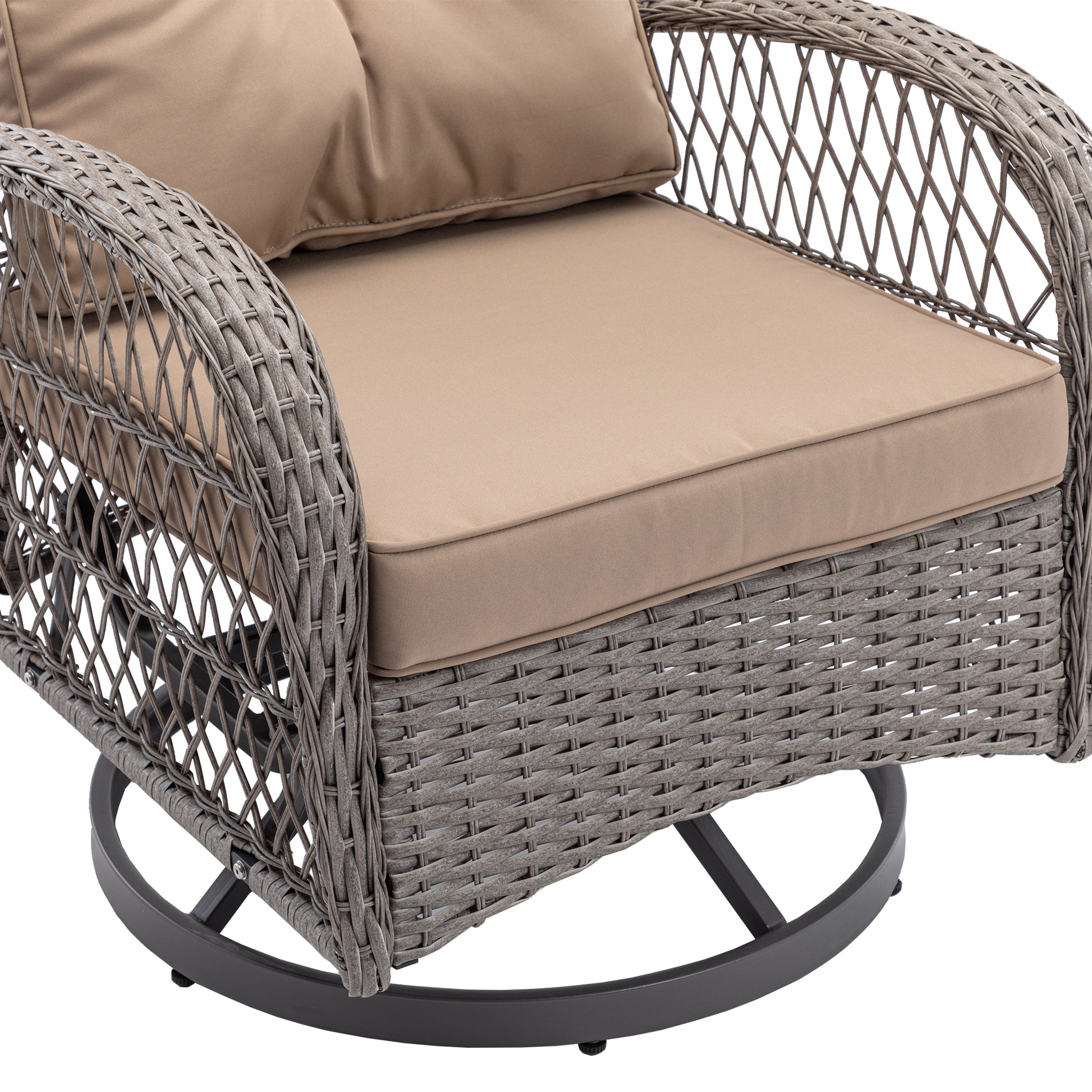 3 Pieces Outdoor Swivel Rocker Patio Chairs, 360 Degree Rocking Patio Conversation Set With Thickened Cushions And Glass Coffee Table For Backyard, Khaki Khaki Steel