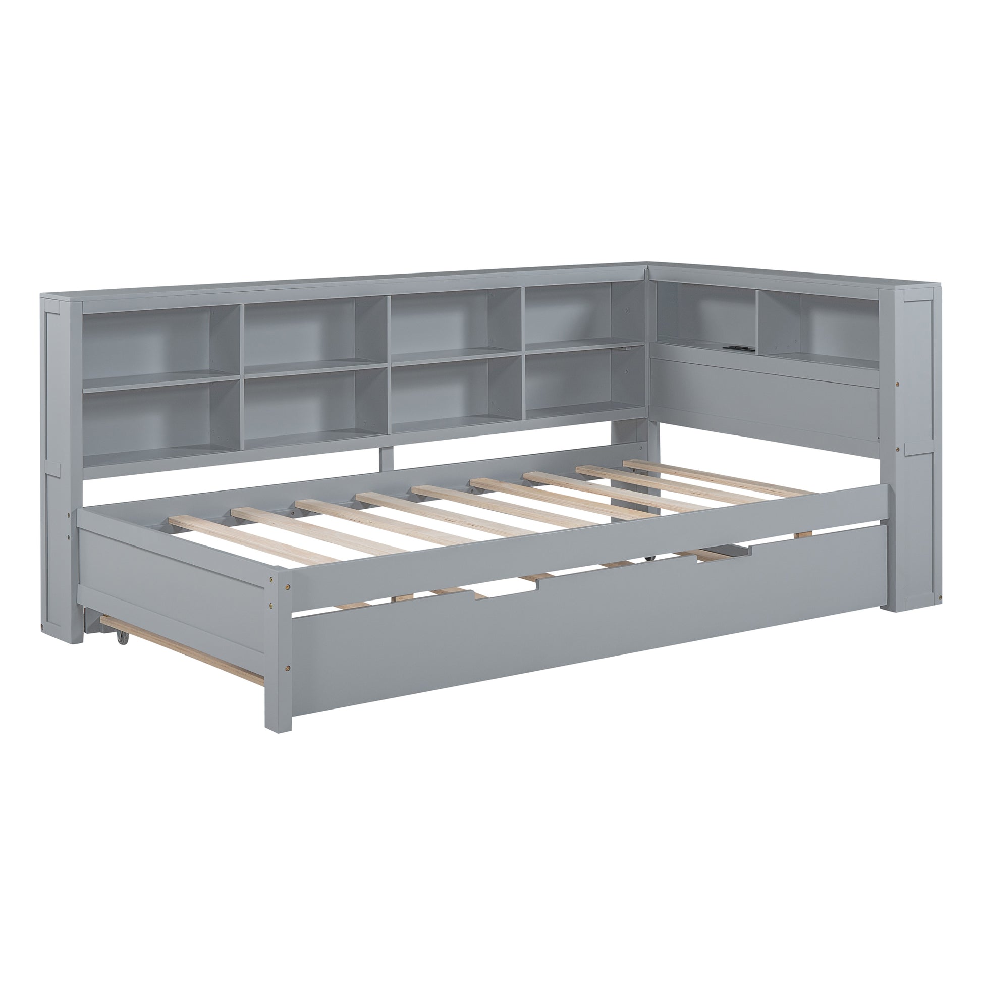 Wooden Twin Size Daybed With Twin Size Trundle, Daybed With Storage Shelf And Usb Charging Ports,Grey Twin Grey Wood