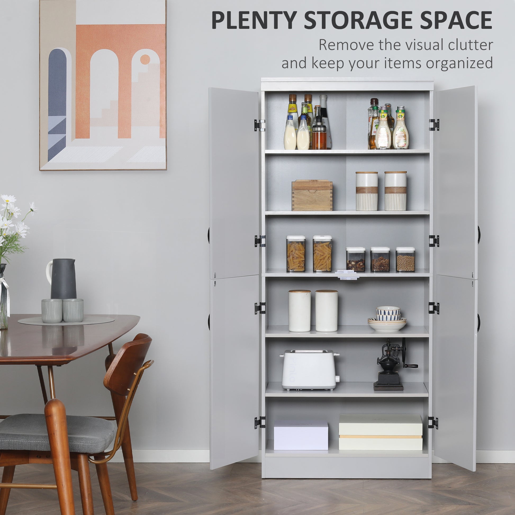 70" Kitchen Pantry, Tall Freestanding Storage Cabinet, 6 Tier Shelving With 2 Adjustable Shelves And 4 Doors For Dining Room, Gray Grey Mdf