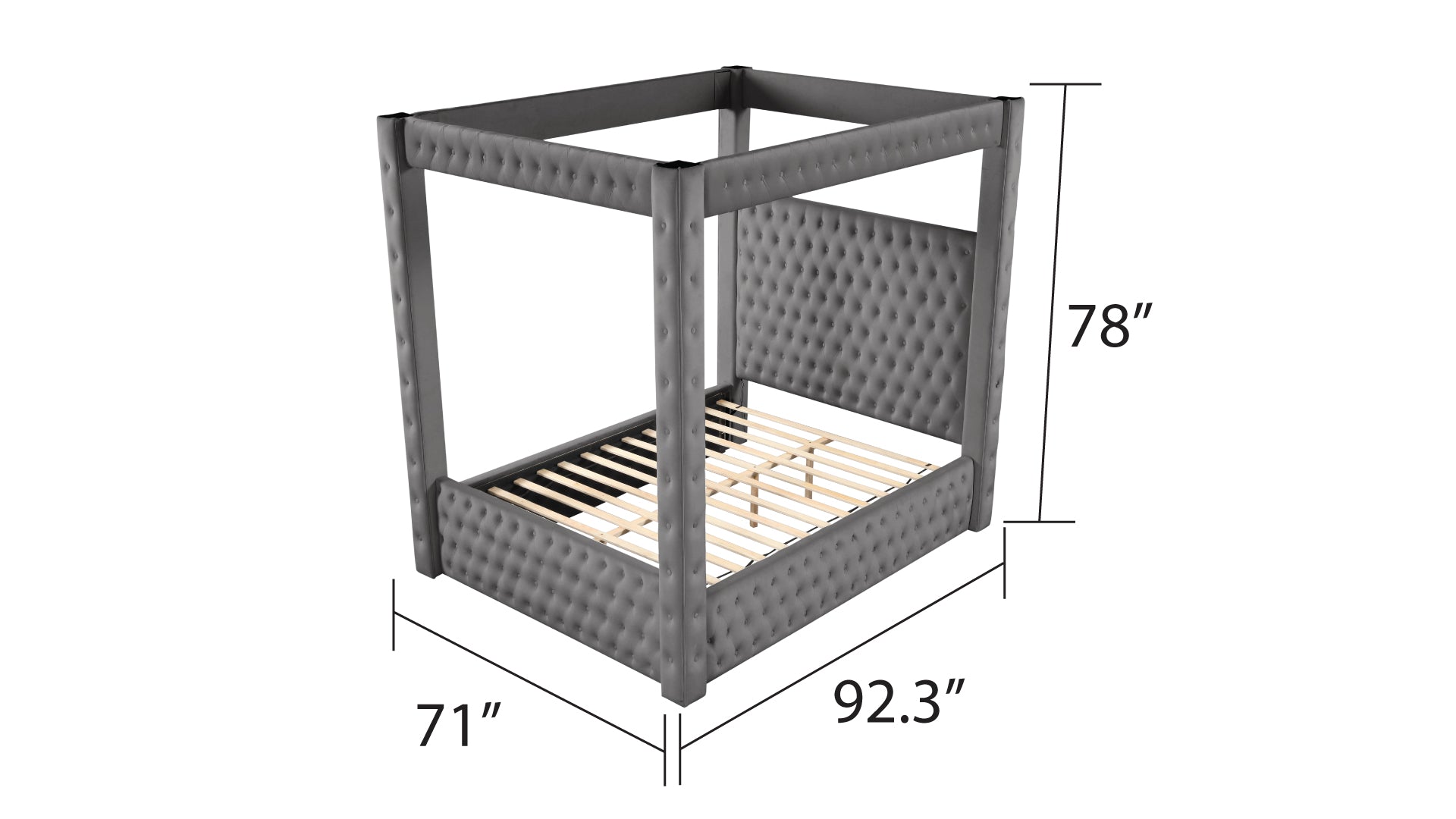 Monica Luxurious Four Poster Queen Bed Made With Wood In Gray Box Spring Not Required Queen Gray Wood Bedroom Modern Upholstered Velvet Wood