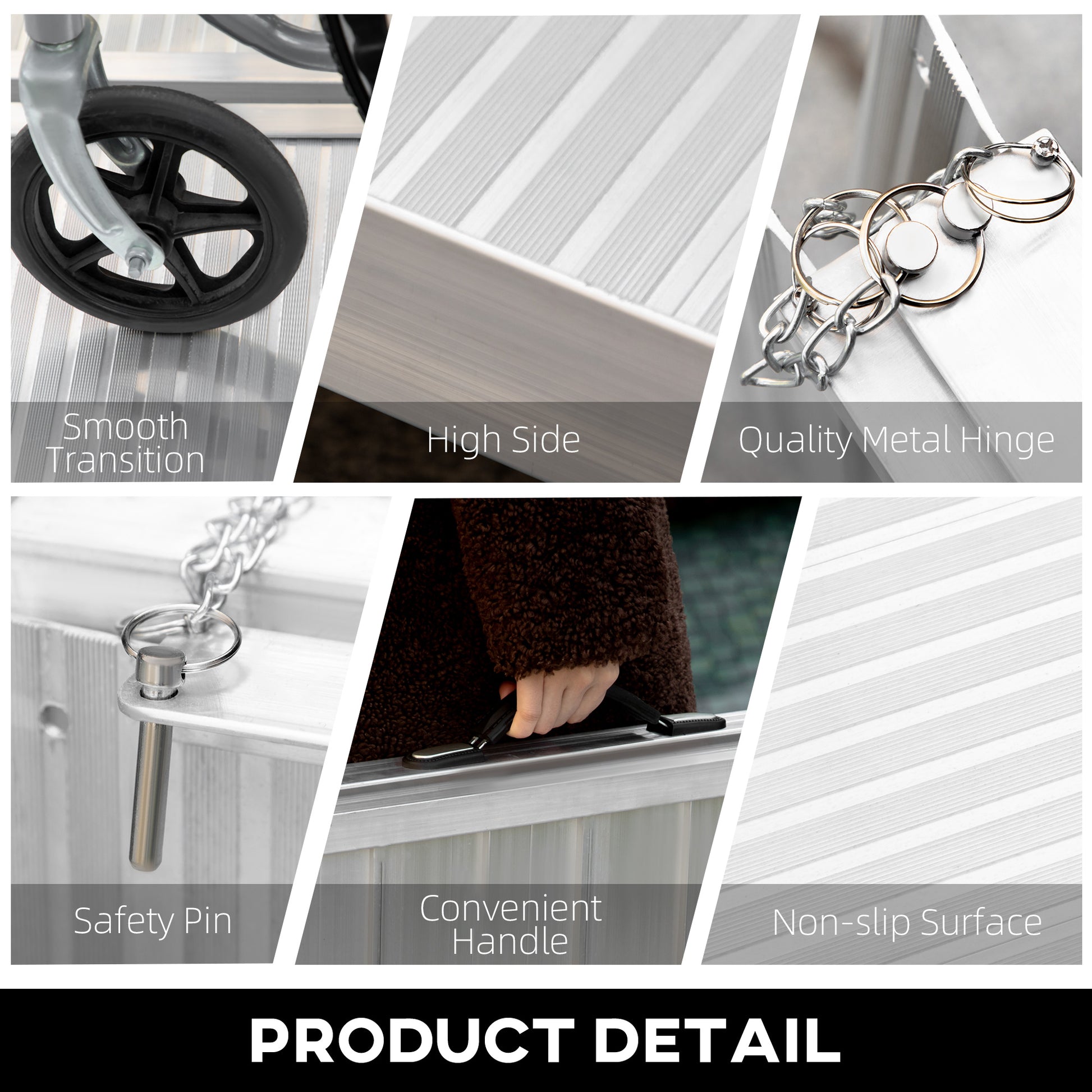 Textured Aluminum Portable Wheelchair Ramp For Home, Steps, Doorways, Foldable Handicap Ramp 2', Threshold Ramp With Durability For Strong Load Bearing Silver Aluminum