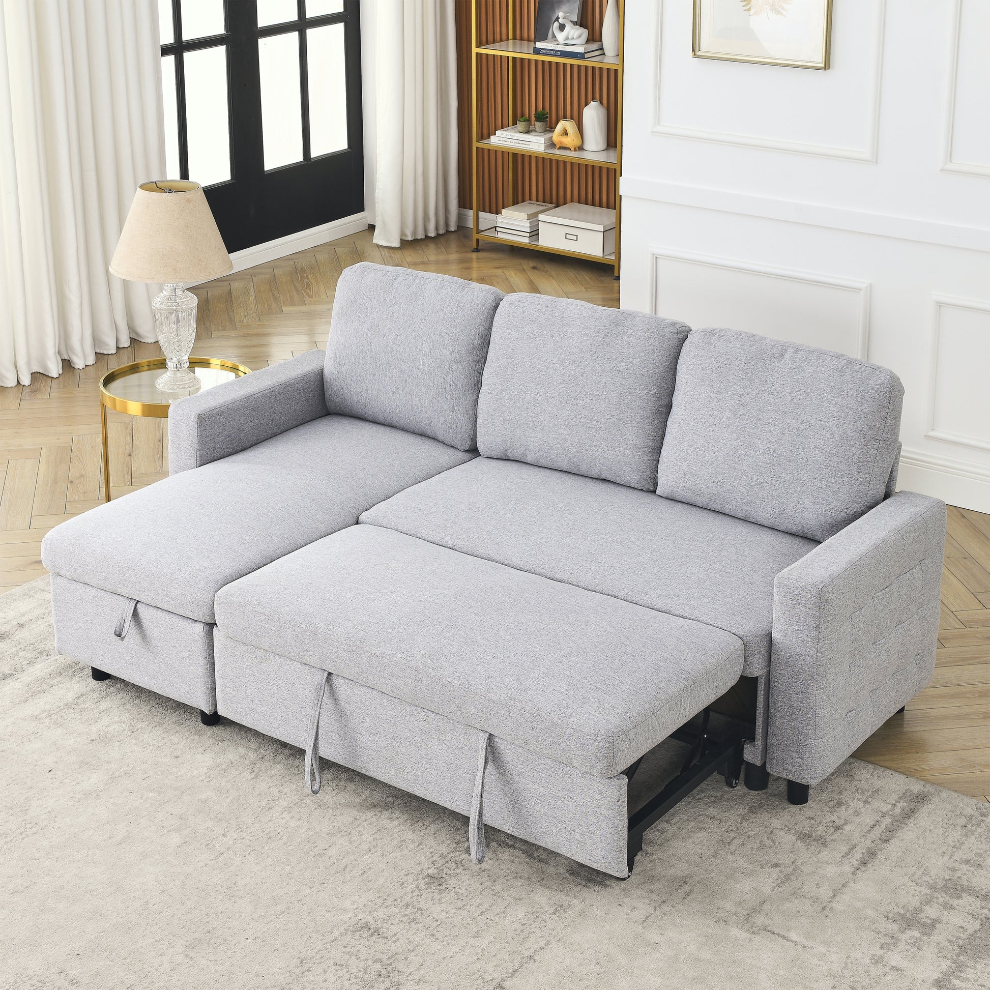 Fx 78.8" Reversible Sleeper Combo Sofa With Pullout Bed, Comfortable Linen L Shaped Combo Sofa Sofa Bed, Living Room Furniture Sets For Tight Spaces Light Gray Linen Wood Primary Living Space Foam Fabric 3 Seat