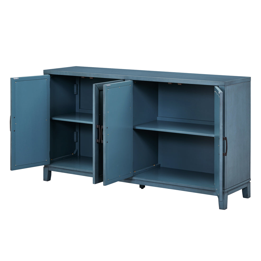 Retro 4 Door Mirrored Buffet Sideboard With Metal Pulls For Dining Room, Living Room And Hallway Navy Navy Solid Wood