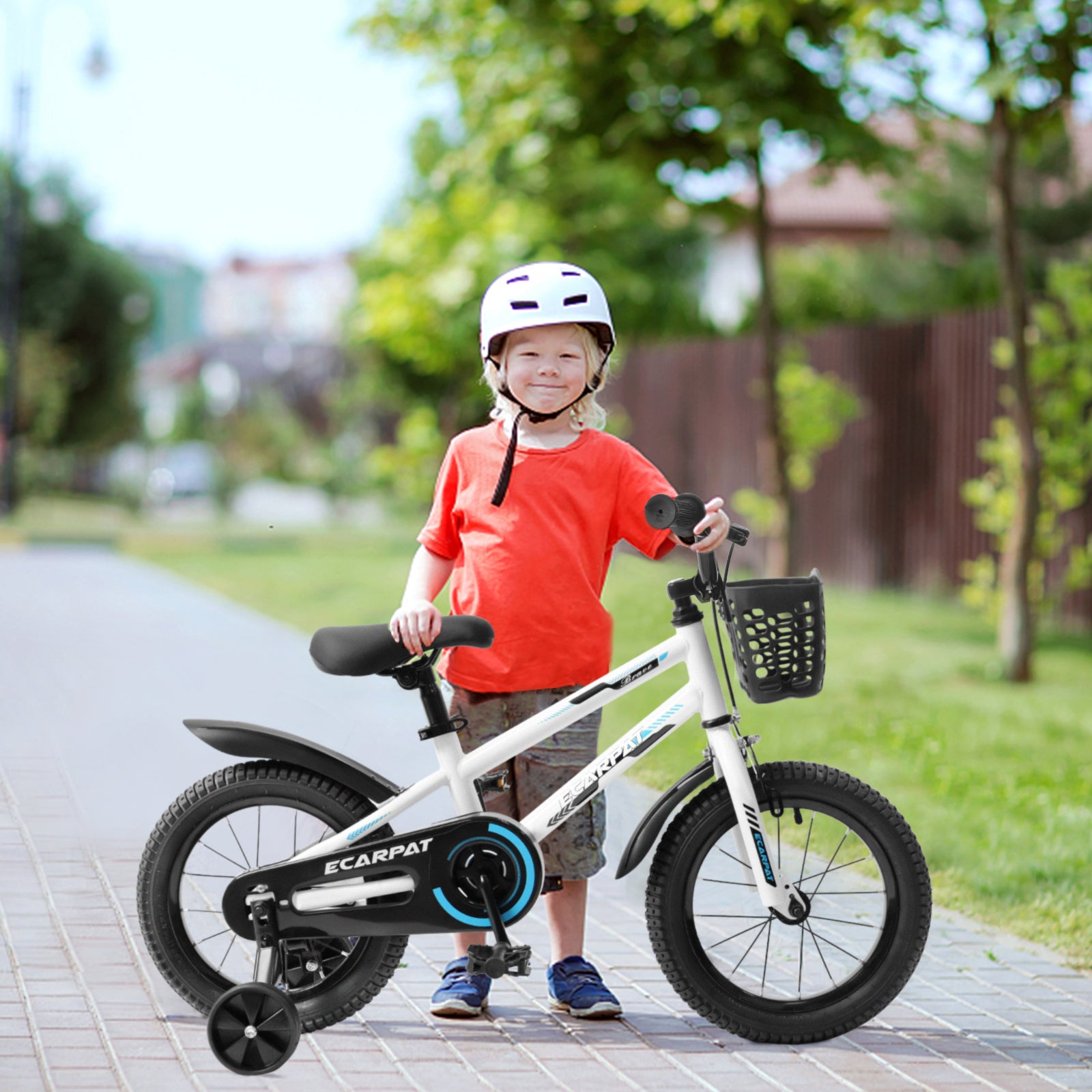 Kids Bike 16 Inch For Boys & Girls With Training Wheels, Freestyle Kids' Bicycle With Bell,Basket And Fender. White Steel