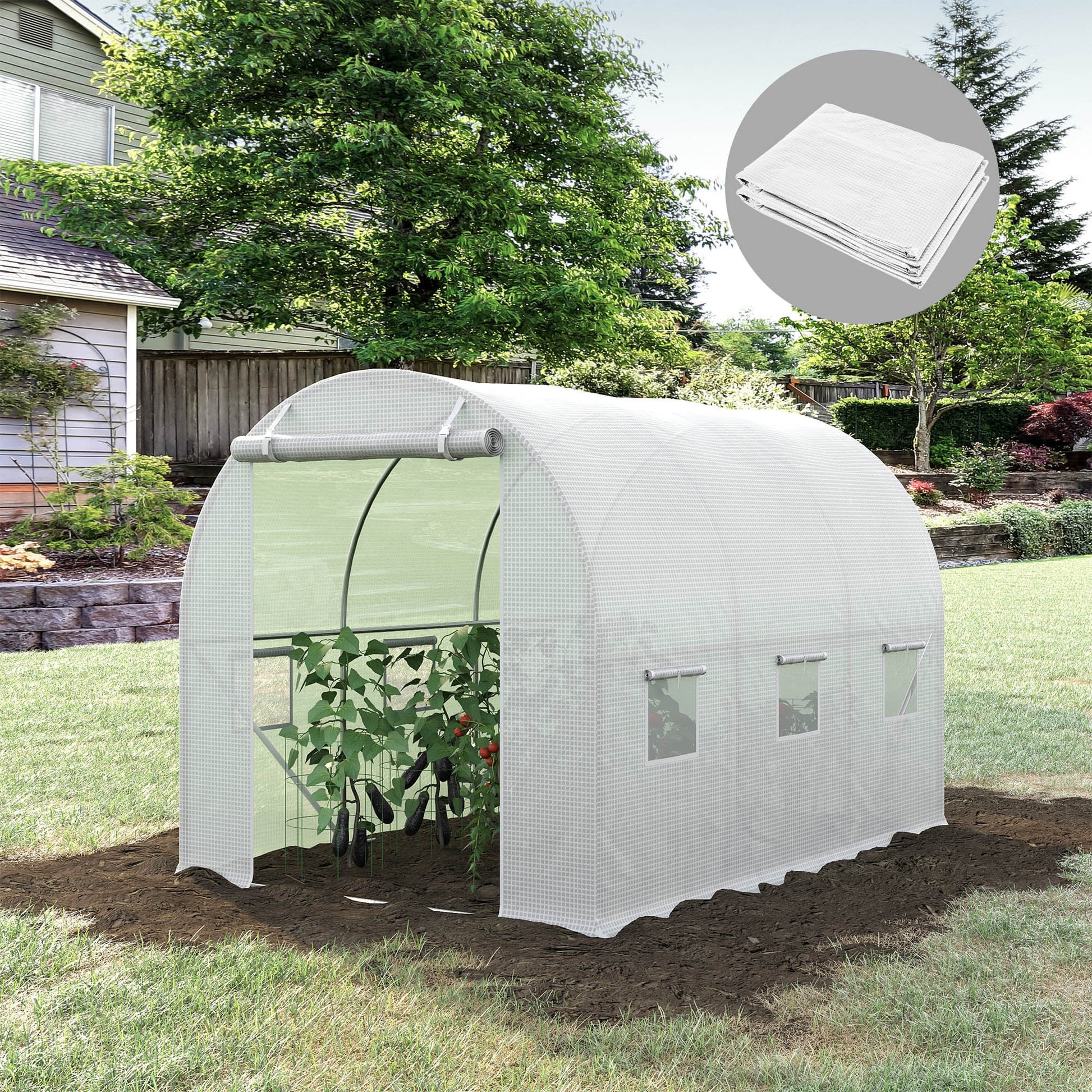 9.8' X 6.6' X 6.6' Plastic Greenhouse Cover Replacement, Heavy Duty Waterproof Tarp For Hoop House, Sheeting With 6 Windows, Door & Reinforcement Grid, White White Polyethylene