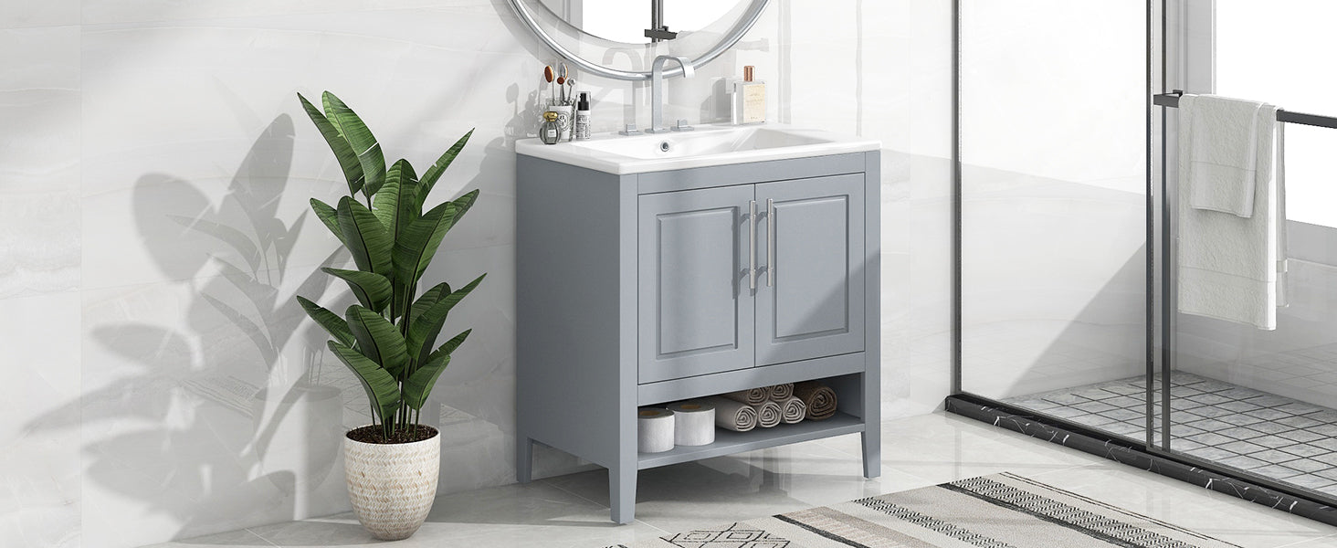 30" Bathroom Vanity With Sink, Multi Functional Bathroom Cabinet With Doors And Drawers, Solid Frame And Mdf Board, Grey Grey Solid Wood Mdf