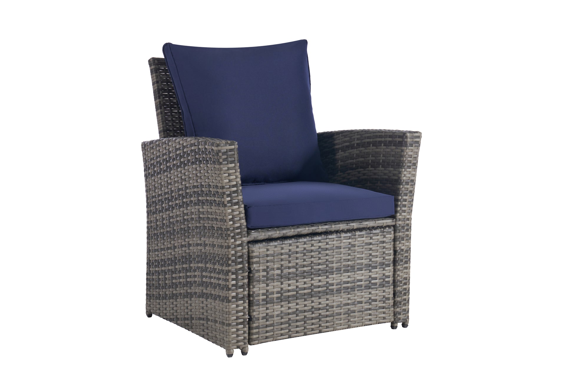 4 Pieces Outdoor Patio Furniture Sets Garden Rattan Chair Wicker Set, Poolside Lawn Chairs With Tempered Glass Coffee Table Porch Furniture, Gray Rattan Dark Blue Color Cushion Yes Complete Patio Set Dark Gray Water Resistant Frame Water Resistant