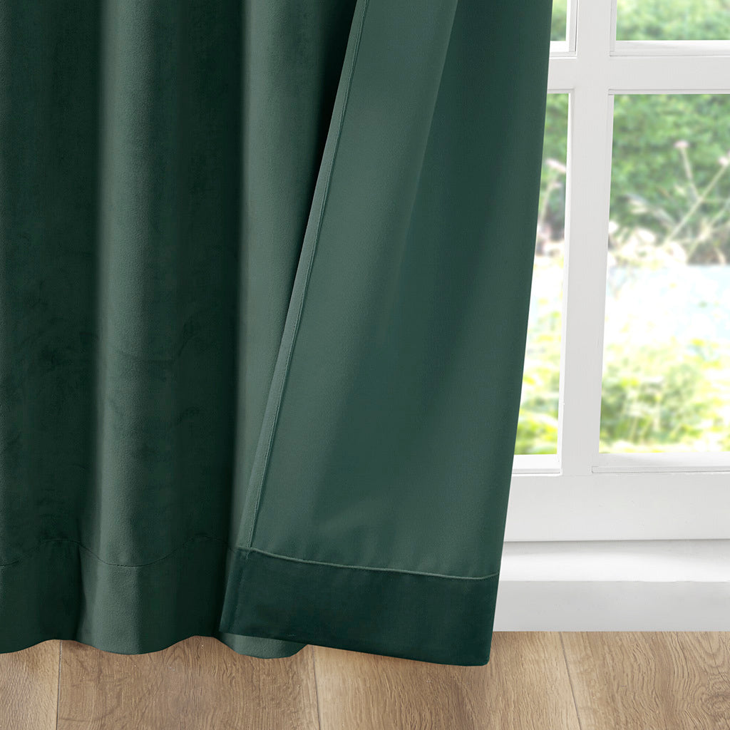 Room Darkening Poly Velvet Rod Pocket Back Tab Curtain Panel Pair 2 Pcs Window Panels Green Polyester