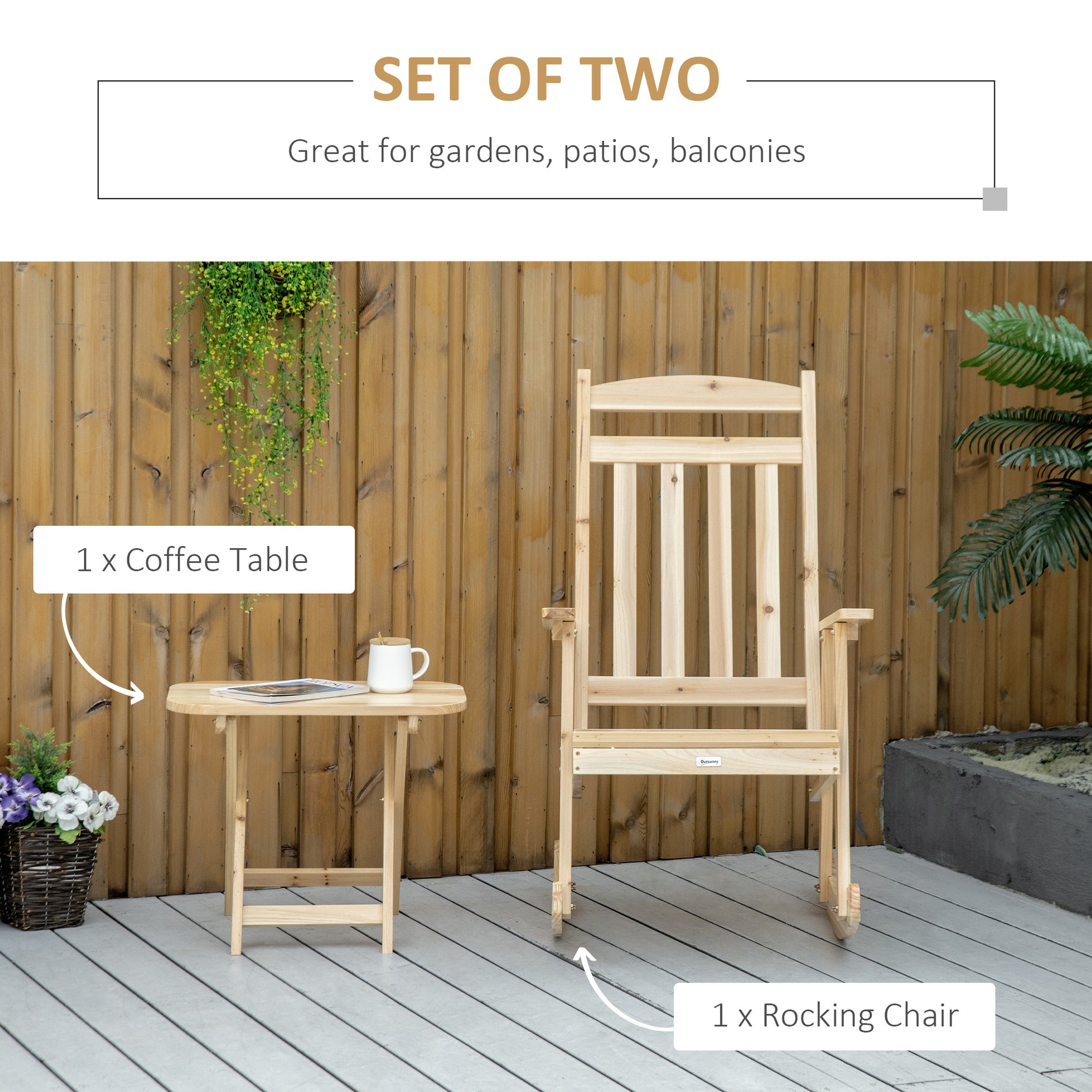 2 Pieces Wood Patio Bistro Set, Outdoor Rocking Chair Set With Armrests And High Back Rocking Chair And Portable Side Table, For Indoor, Outdoor, Patio, Backyard, Natural Natural Wood