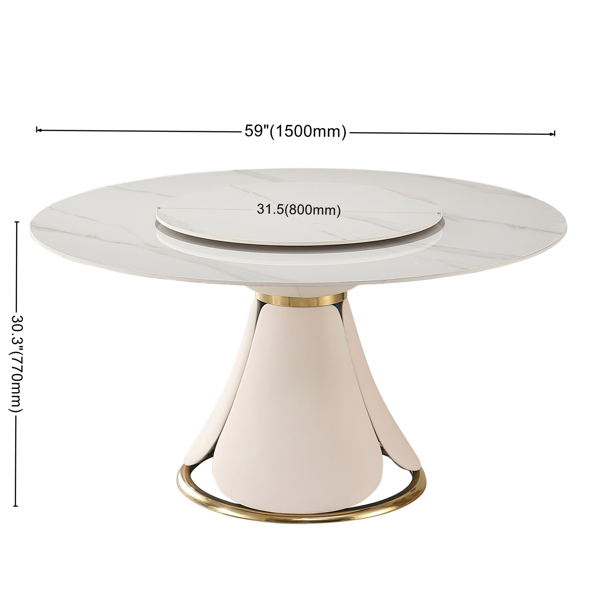 59.05"Modern Sintered Stone Dining Table With 31.5" Round Turntable With 6Pcs Chairs. White Sintered Stone