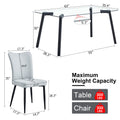 Table And Chair Set. 1 Table And 4 Light Grey Chairs. Glass Dining Table With 0.31 Inch Tempered Glass Tabletop And Black Coated Metal Legs. Equipped With Light Grey Pu Chairs 1123 008 Transparent Glass