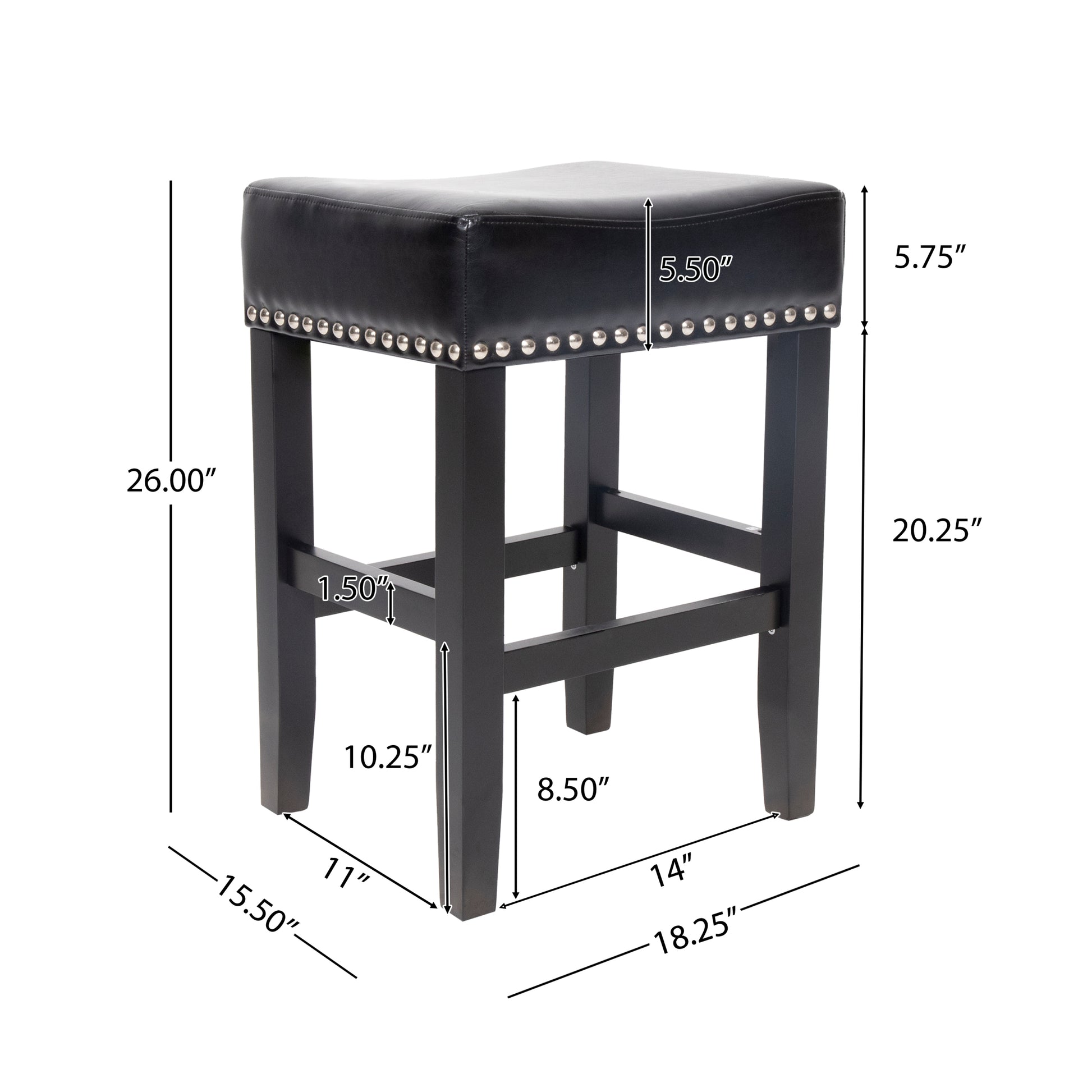 26" Backless Leather Counter Stools, 2 Pcs Set, Black Black Leather