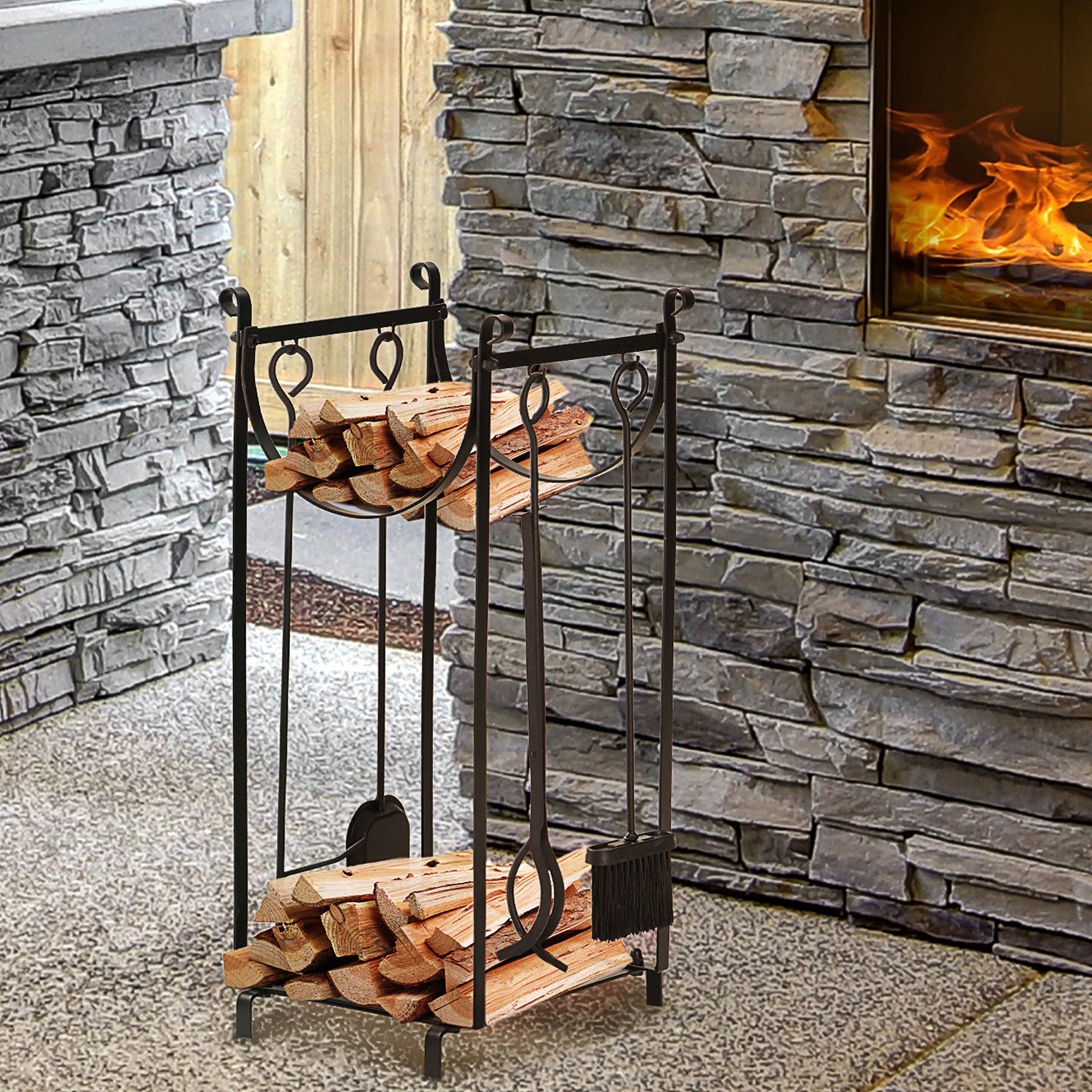 Firewood Rack With Fireplace Tools, Indoor Outdoor Firewood Holder, Fl