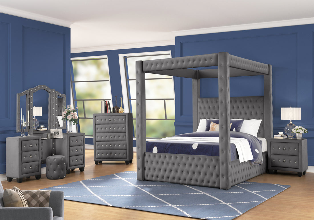 Monica Luxurious Four Poster Queen 5 Pc Vanity Bedroom Set Made With Wood In Gray Box Spring Not Required Queen Gray Wood 5 Piece Set Bedroom Modern Upholstered Velvet Tufted Wood