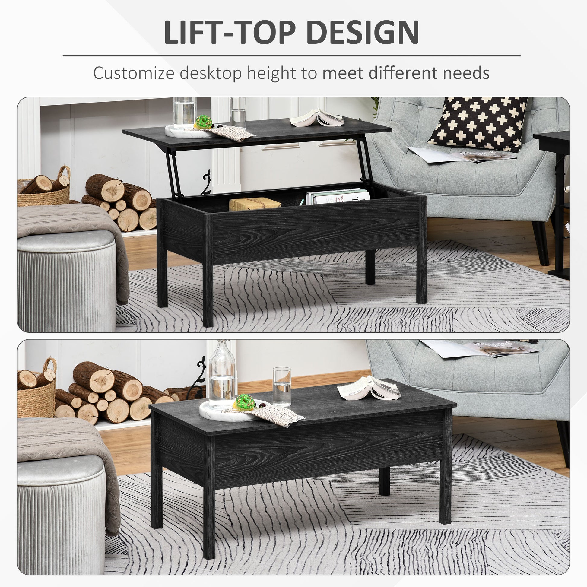 39" Modern Lift Top Coffee Table Desk With Hidden Storage Compartment For Living Room, Black Woodgrain Black Particle Board