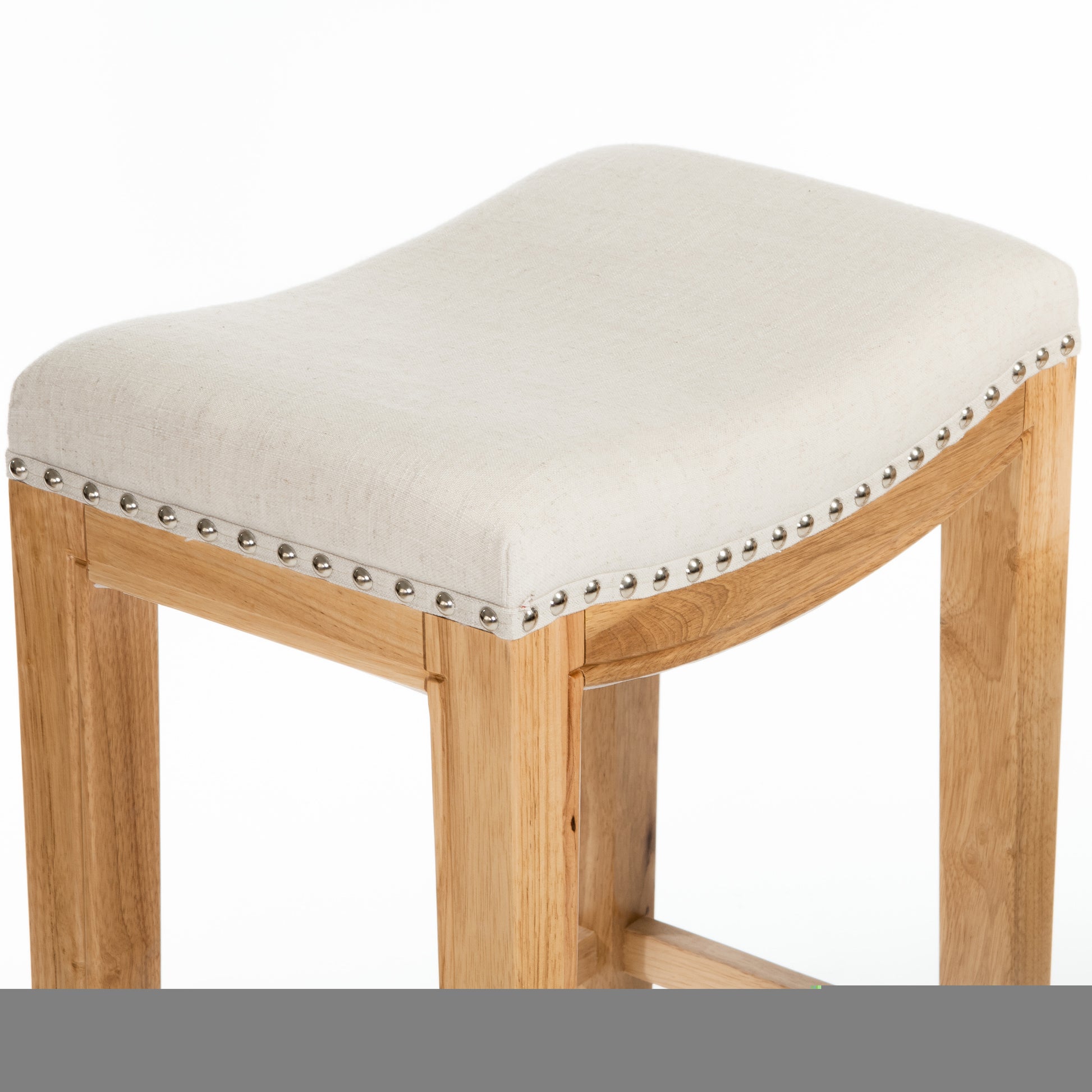 Tiffin Studded Barstool Beige Natural Wood Fabric