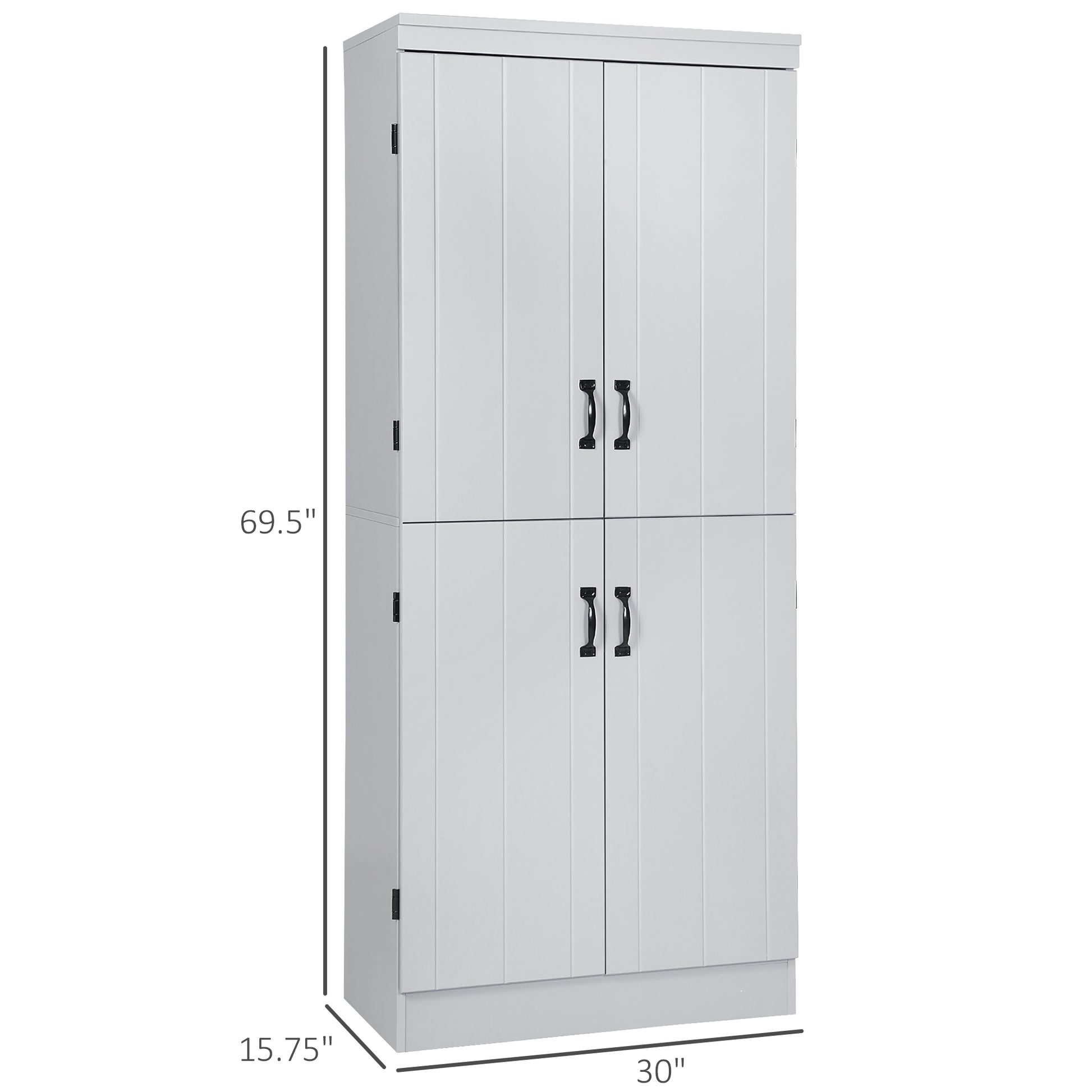 70" Kitchen Pantry, Tall Freestanding Storage Cabinet, 6 Tier Shelving With 2 Adjustable Shelves And 4 Doors For Dining Room, Gray Grey Mdf