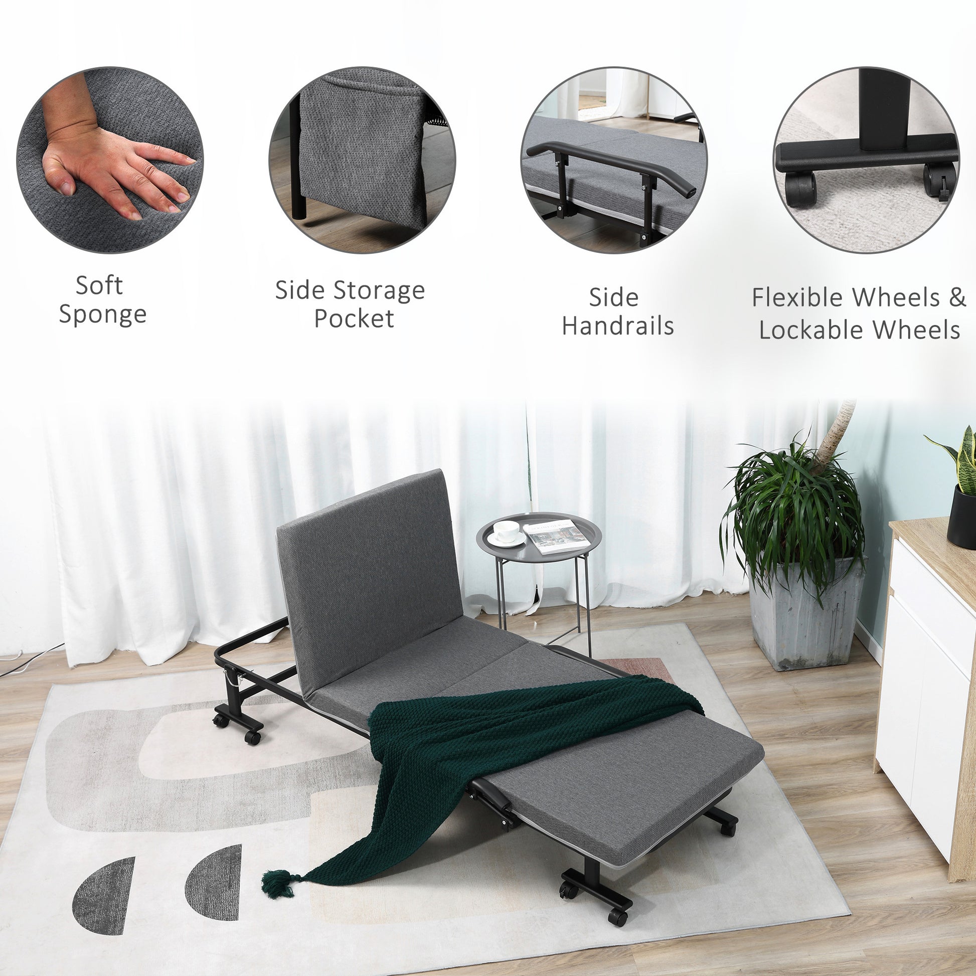 Rollaway Bed, Folding Bed With 3.25" Mattress, Portable Foldable Guest Bed With Adjustable Backrest, And Metal Frame On Wheels, Dark Grey Dark Grey Steel