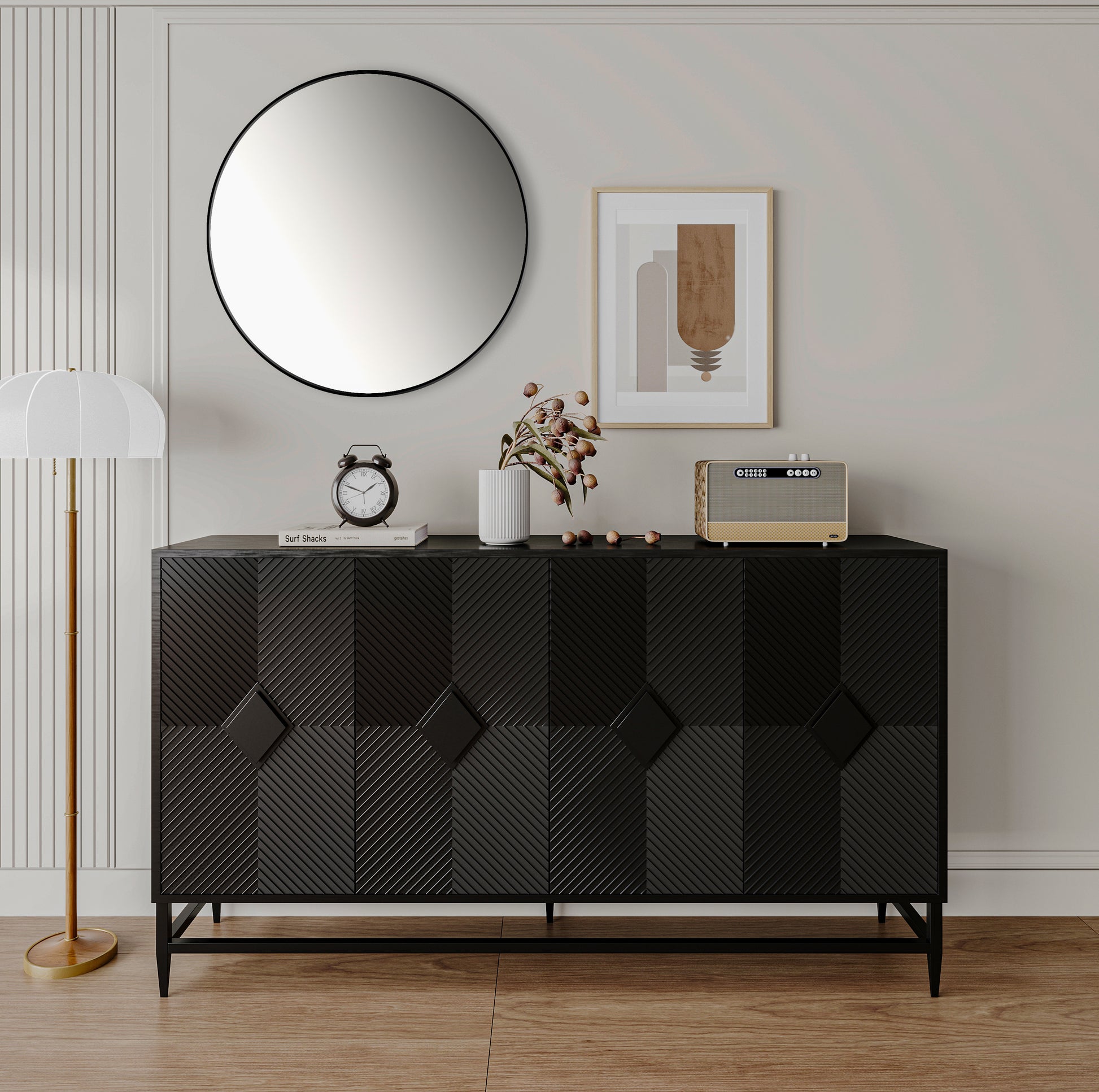 Accent Black Lacquered 4 Door Wooden Cabinet Sideboard Buffet Server Cabinet Storage Cabinet, For Living Room, Entryway, Hallway, Office, Kitchen And Dining Room Matte Matte Black Adjustable Shelves Mdf Steel