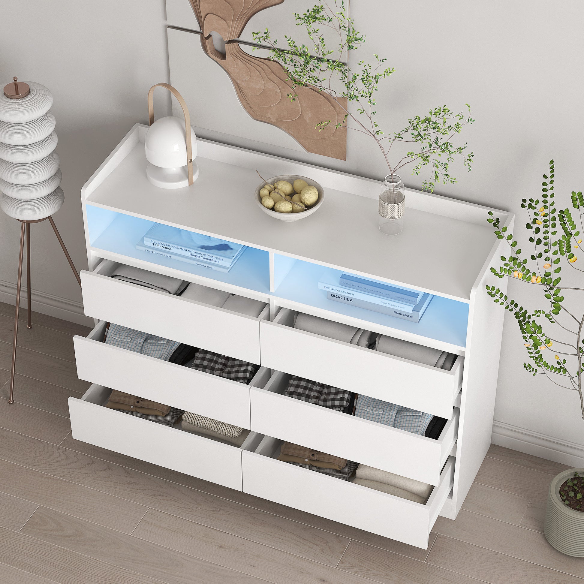 6 Drawer Dresser, White Dresser For Bedroom With Led Lights, Modern Dressers & Chests Of Drawers With Sturdy Frame For Living Room, Entryway, Hallway White Mdf