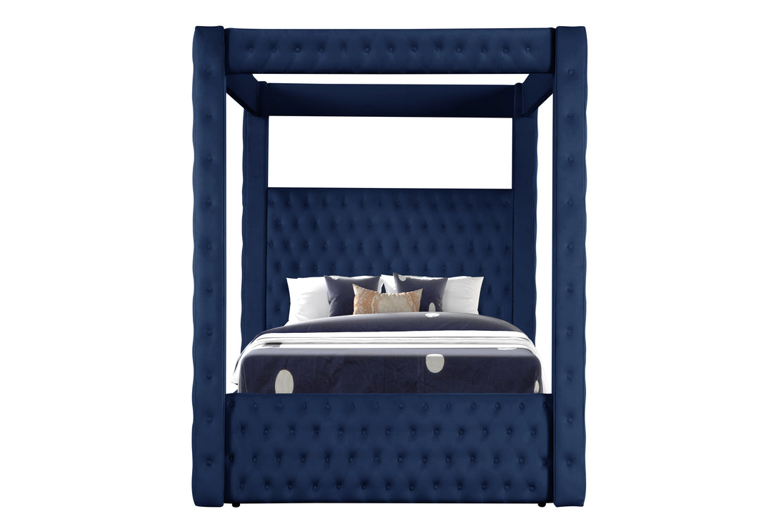 Monica Luxurious Four Poster King 5 Pc Bedroom Set Made With Wood In Navy Box Spring Not Required King Navy Wood 5 Piece Set Bedroom Bed Included,Chest Included,Dresser Included,Mirror Included,Nightstand Included Modern Upholstered Velvet Tufted Wood