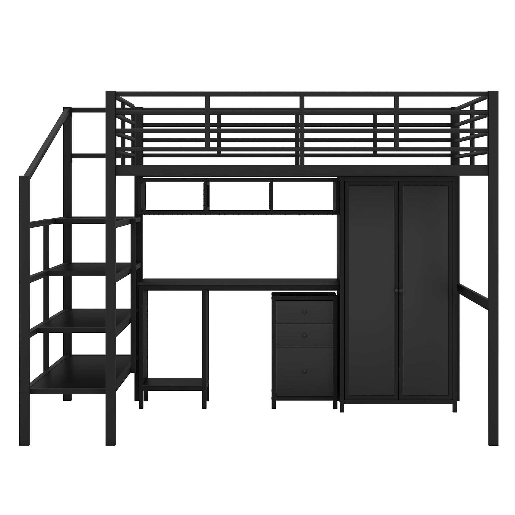 Metal Loft Bed With Table Set And Wardrobe, Full, Black Black Metal