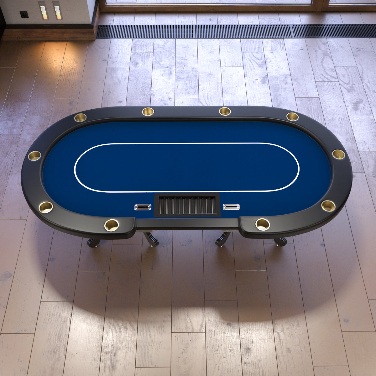 96" Oval Blue Aura Texas Holdem Poker Table Curved Legs Casino Dropbox Blue Wood