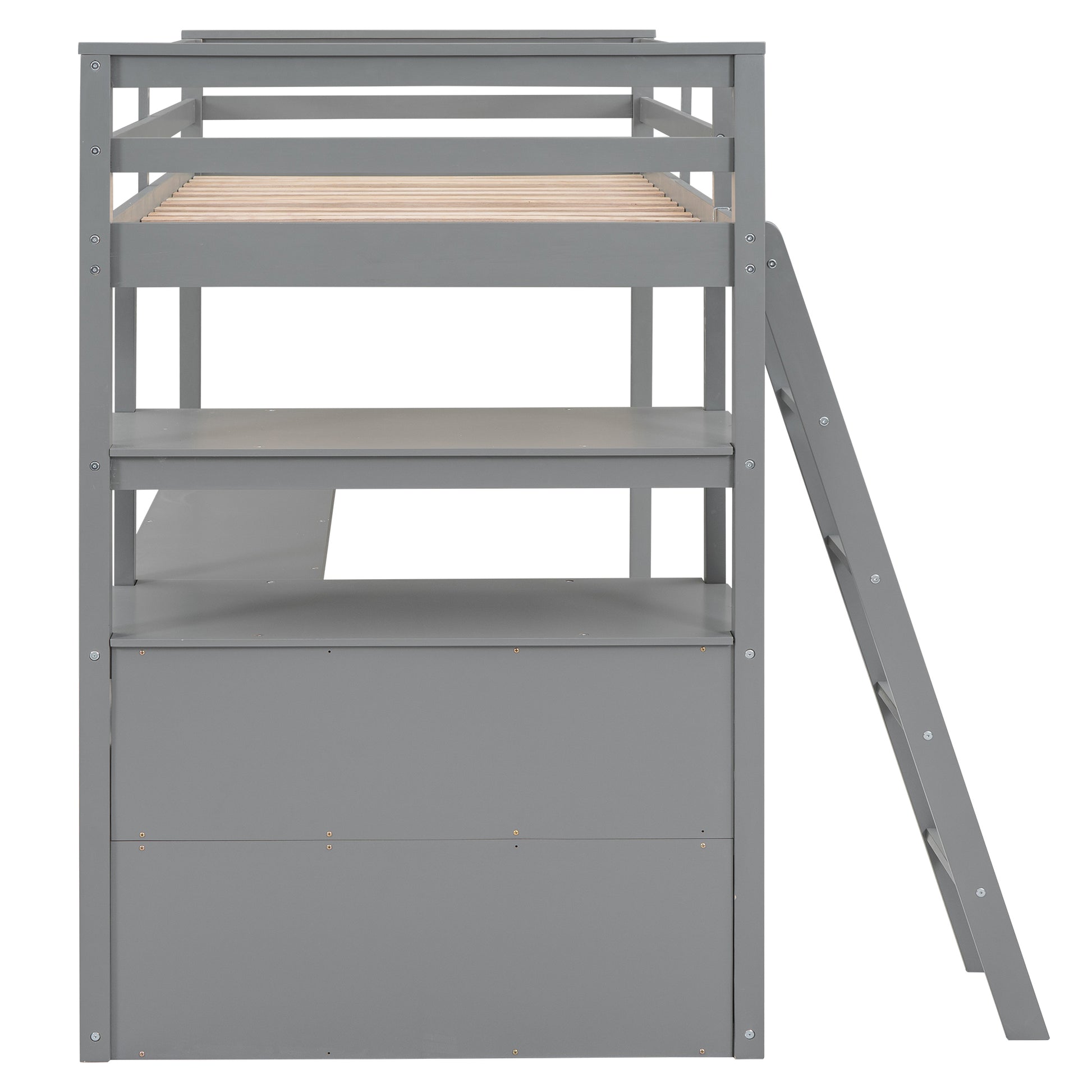 Twin Size Loft Bed With Desk And Shelves, Two Built In Drawers, Gray Old Sku: Gx000423Aae Box Spring Not Required Twin Gray Wood Bedroom Pine