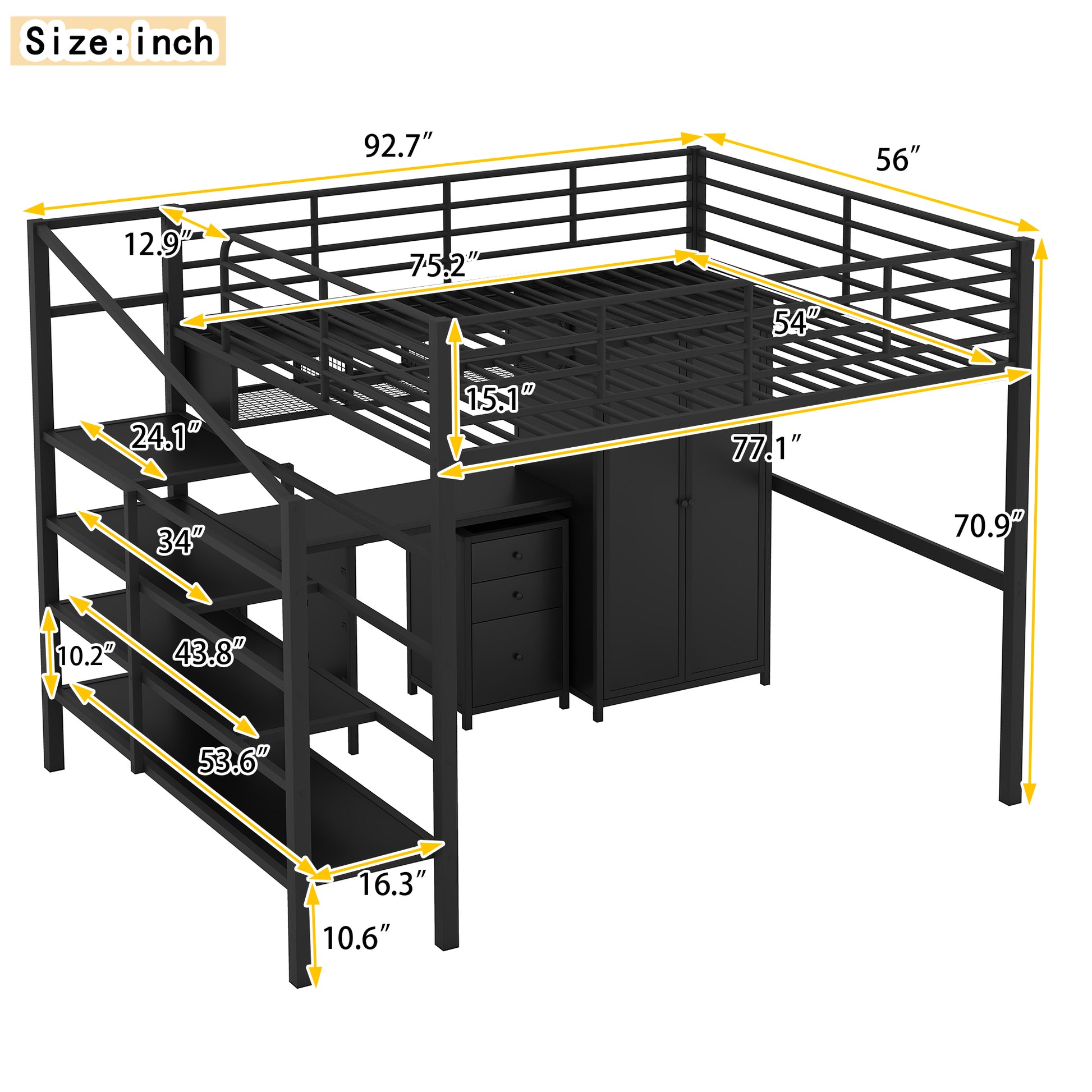 Metal Loft Bed With Table Set And Wardrobe, Full, Black Black Metal