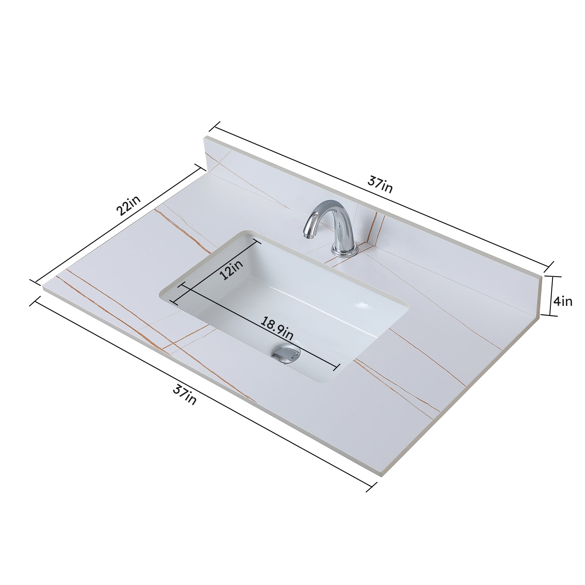 37Inch Bathroom Vanity Top Stone White Gold Style Tops With Rectangle Undermount Ceramic Sink And Single Faucet Hole White Sintered Stone