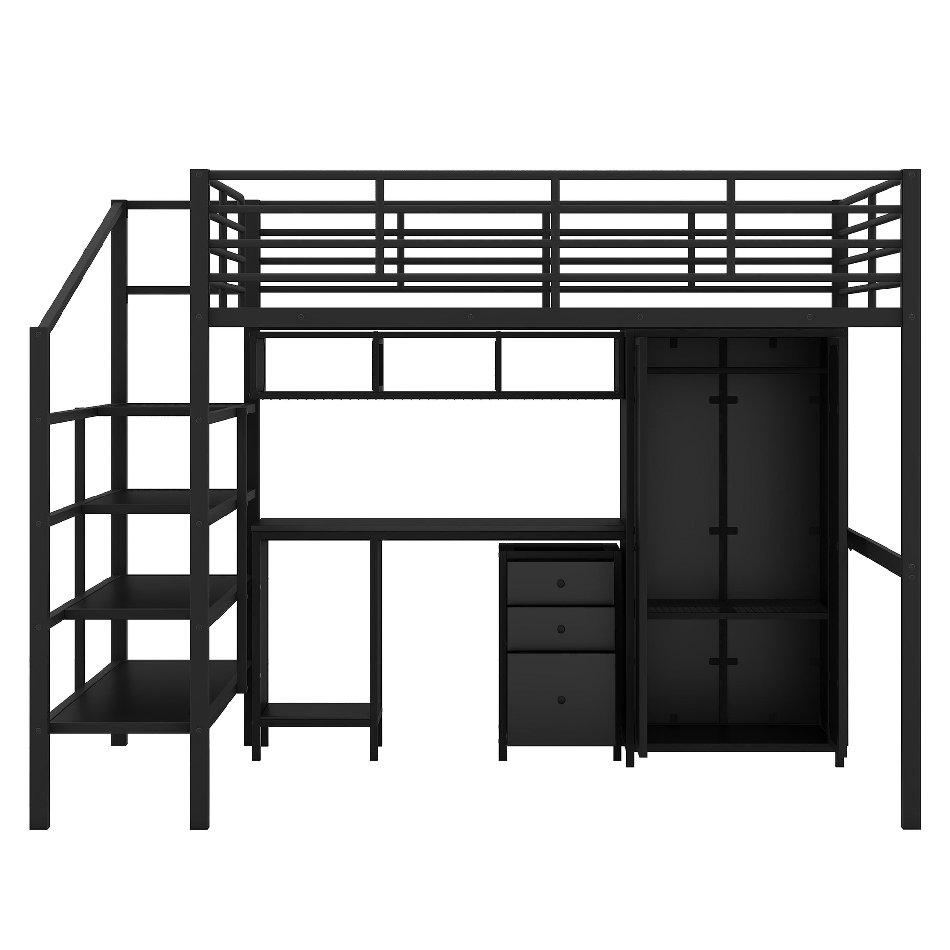 Metal Loft Bed With Table Set And Wardrobe, Full, Black Black Metal