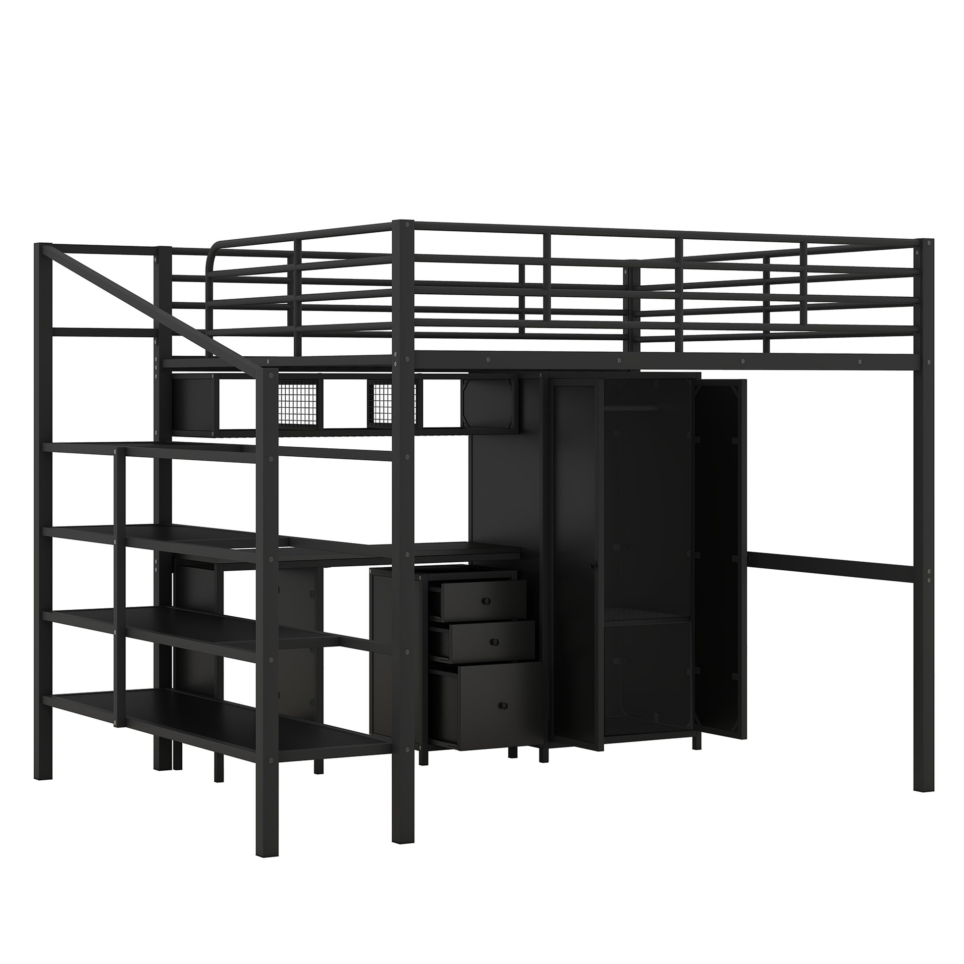 Metal Loft Bed With Table Set And Wardrobe, Full, Black Black Metal