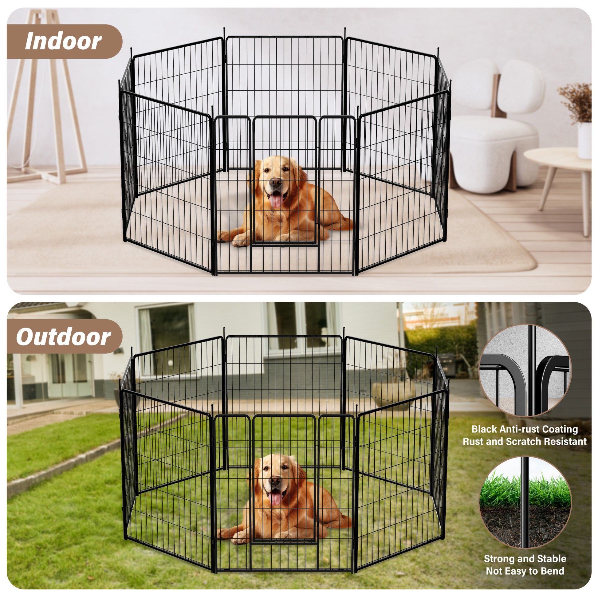 Dog Playpen Indoor Outdoor, 24" Height 8 Panels Fence With Anti Rust Coating, Metal Heavy Portable Foldable Dog Pen For Large, Medium Small Dogs Rv Yard Camping Black Metal